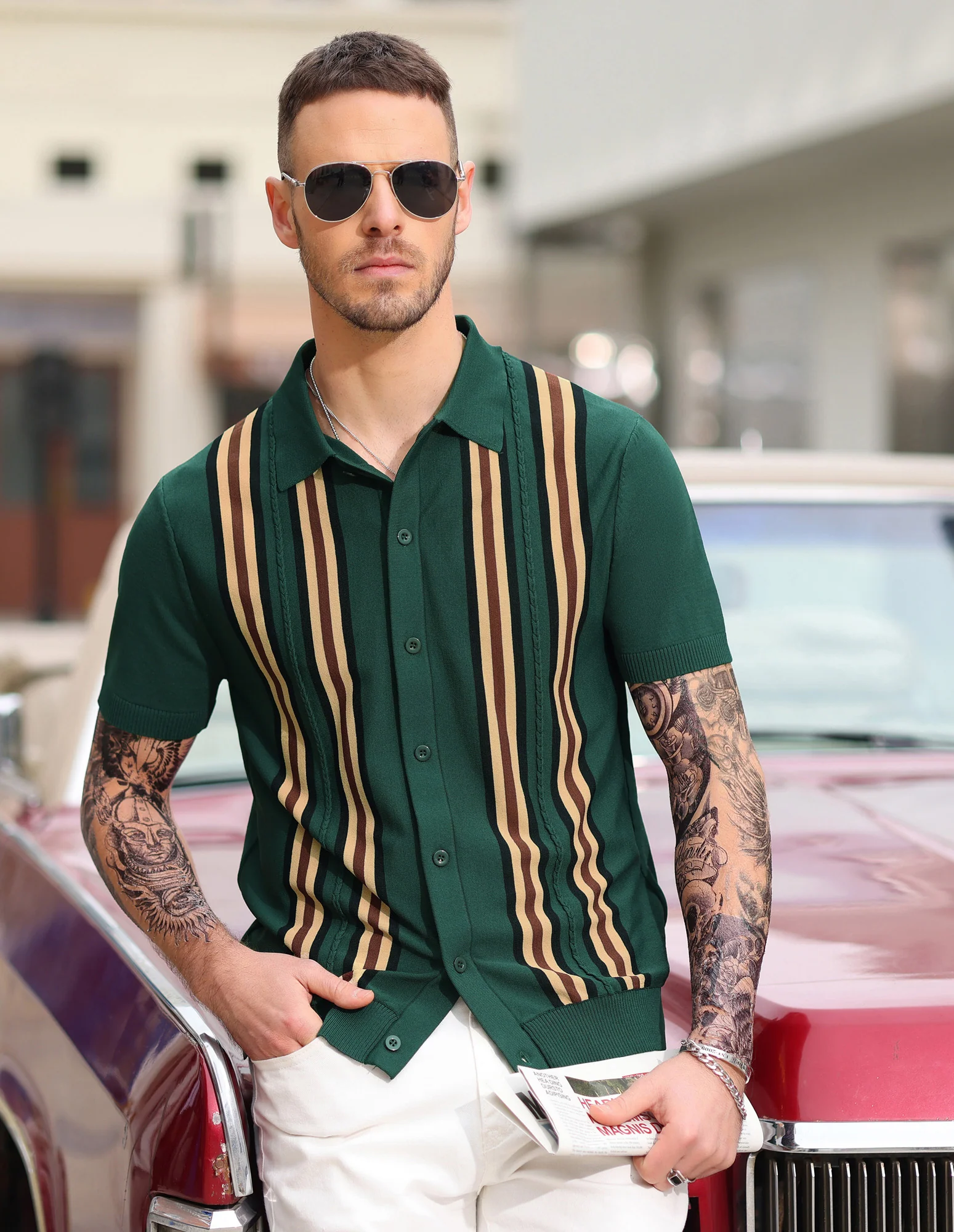 Mens Polo Shirts Vintage Striped Button Down Knitted Golf Cardigans Shirts - Image 5