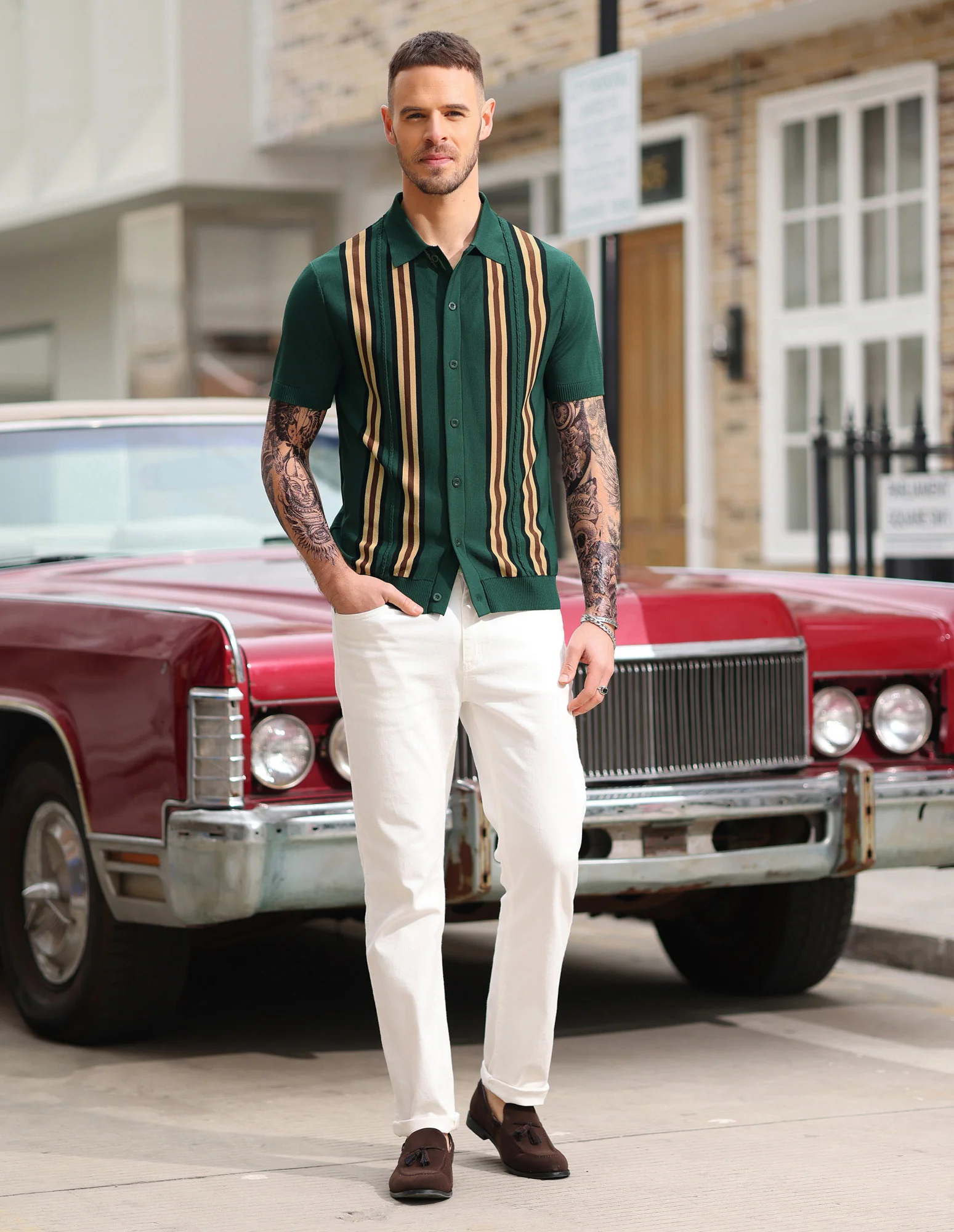 Mens Polo Shirts Vintage Striped Button Down Knitted Golf Cardigans Shirts - Image 6