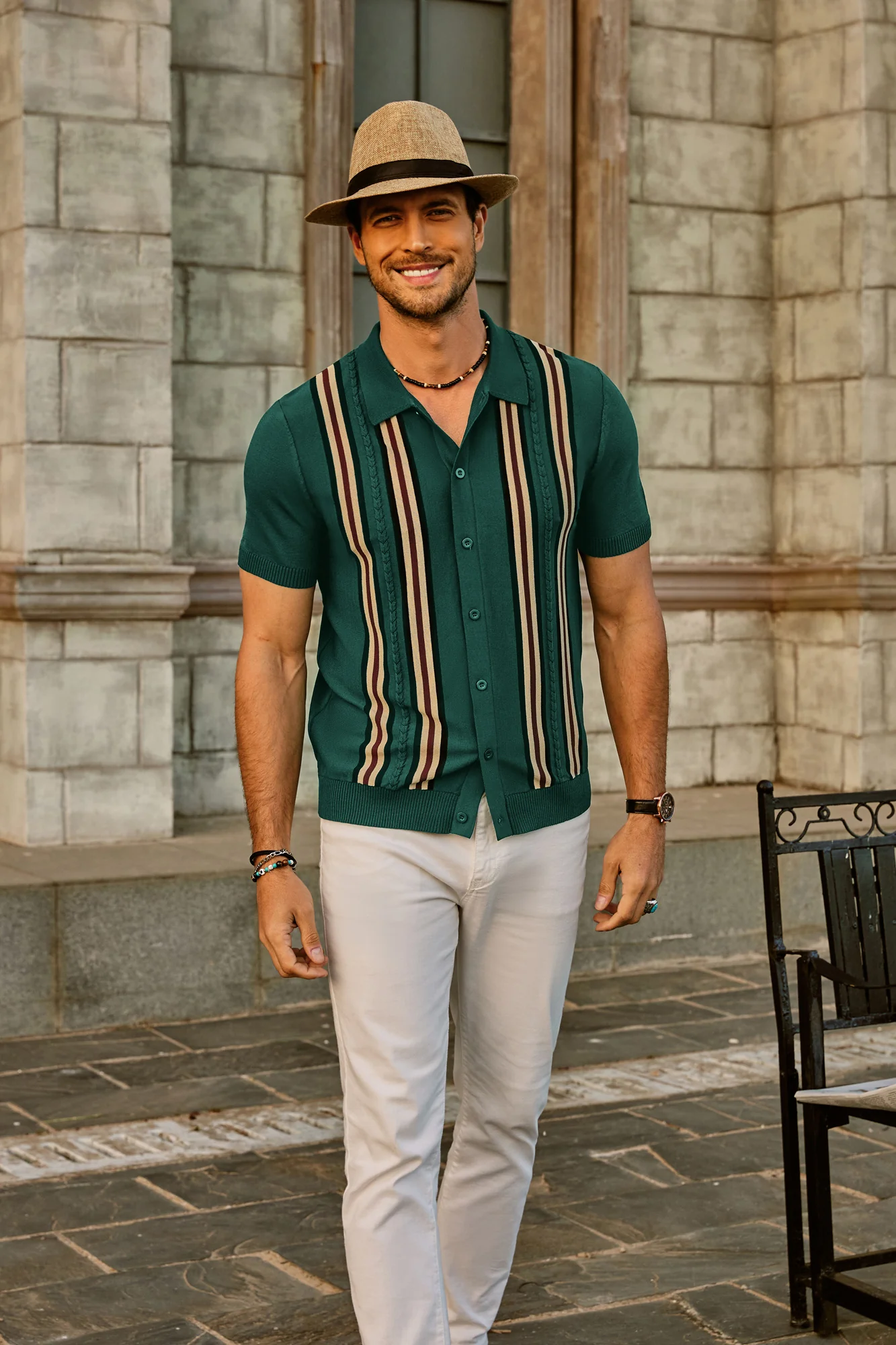 Mens Polo Shirts Vintage Striped Button Down Knitted Golf Cardigans Shirts - Image 7