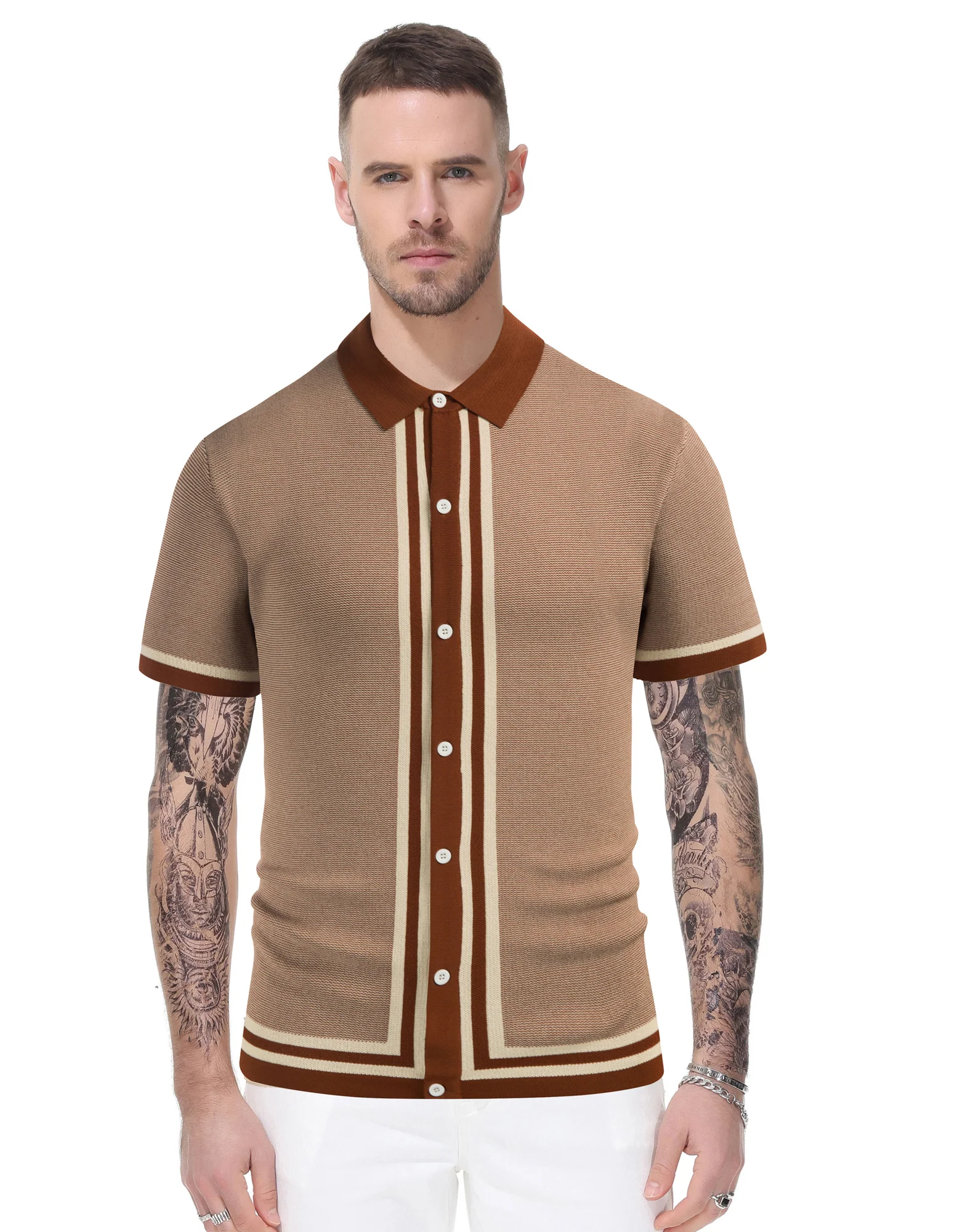 Men's Vintage Stripe Knit Polo Shirts Short Sleeve Stylish Button Down Cardigan Sweater - Image 10