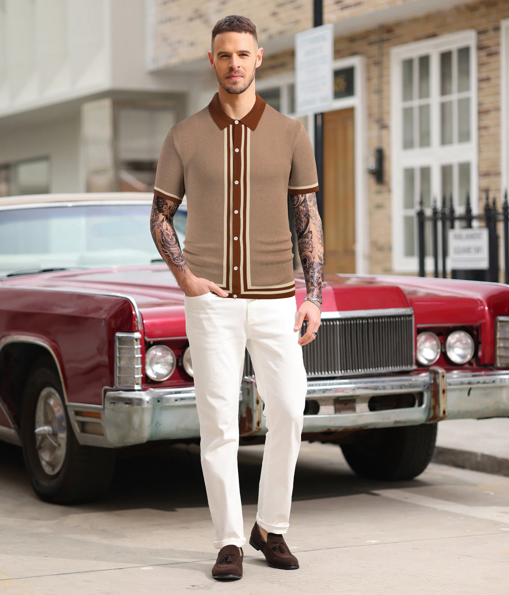 Men's Vintage Stripe Knit Polo Shirts Short Sleeve Stylish Button Down Cardigan Sweater - Image 11