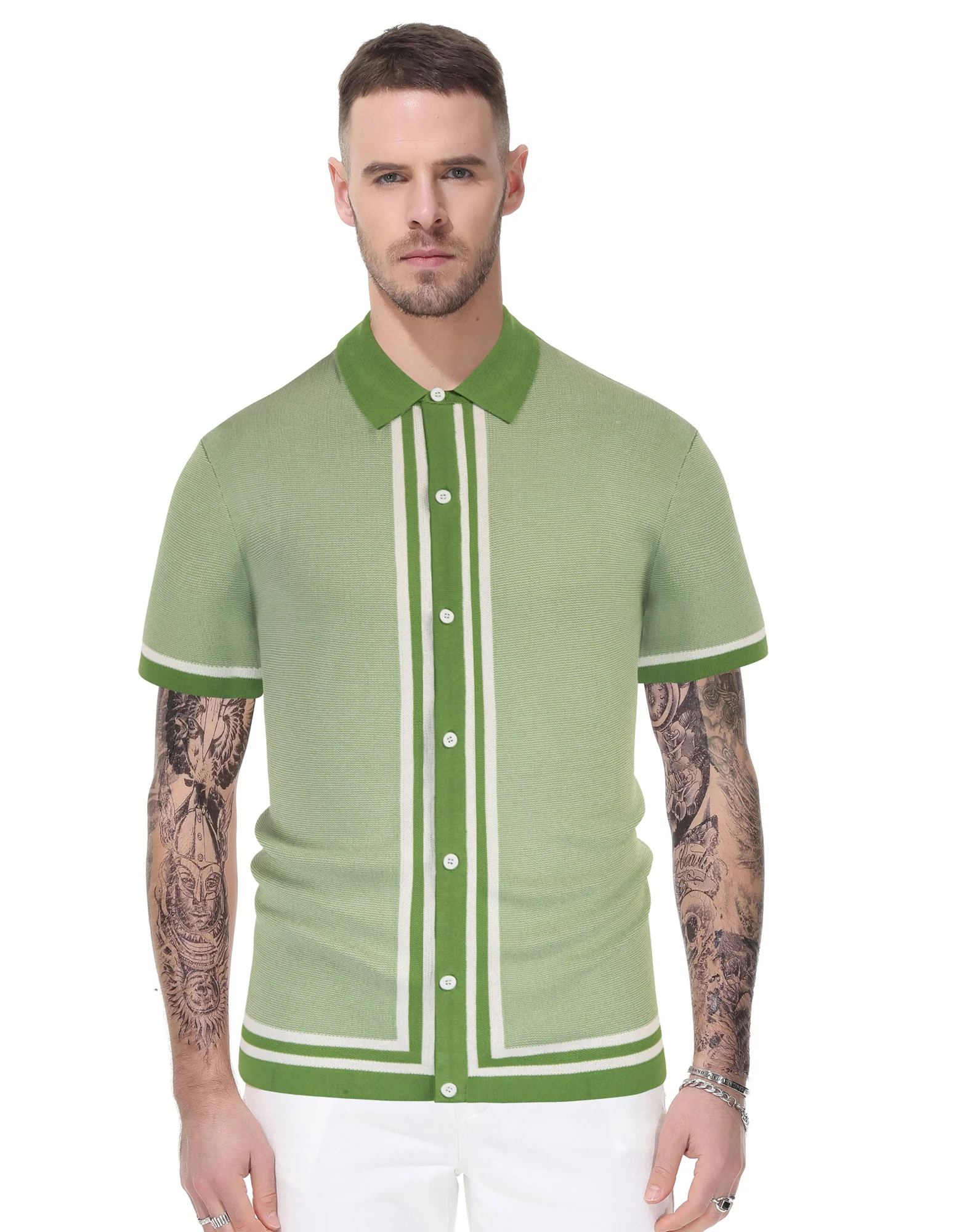 Men's Vintage Stripe Knit Polo Shirts Short Sleeve Stylish Button Down Cardigan Sweater - Image 19