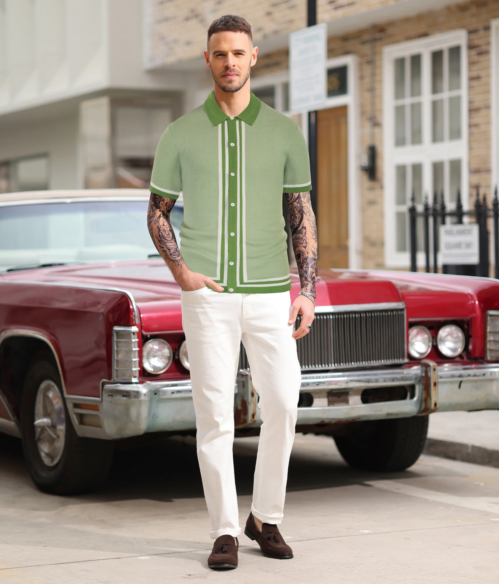 Men's Vintage Stripe Knit Polo Shirts Short Sleeve Stylish Button Down Cardigan Sweater - Image 20