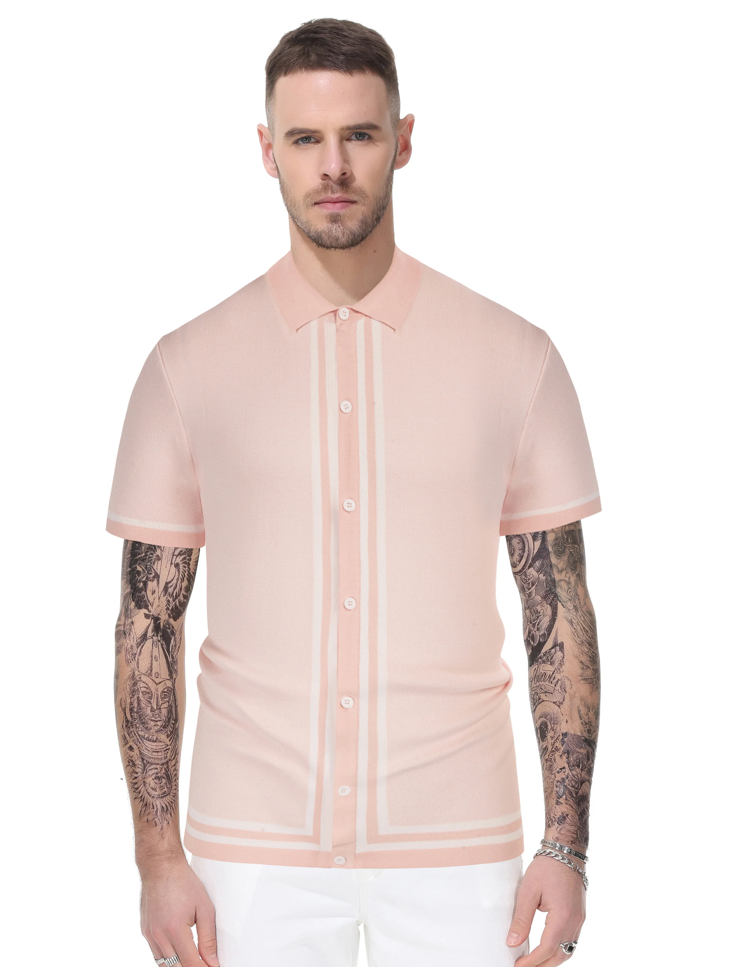 Men's Vintage Stripe Knit Polo Shirts Short Sleeve Stylish Button Down Cardigan Sweater - Image 24