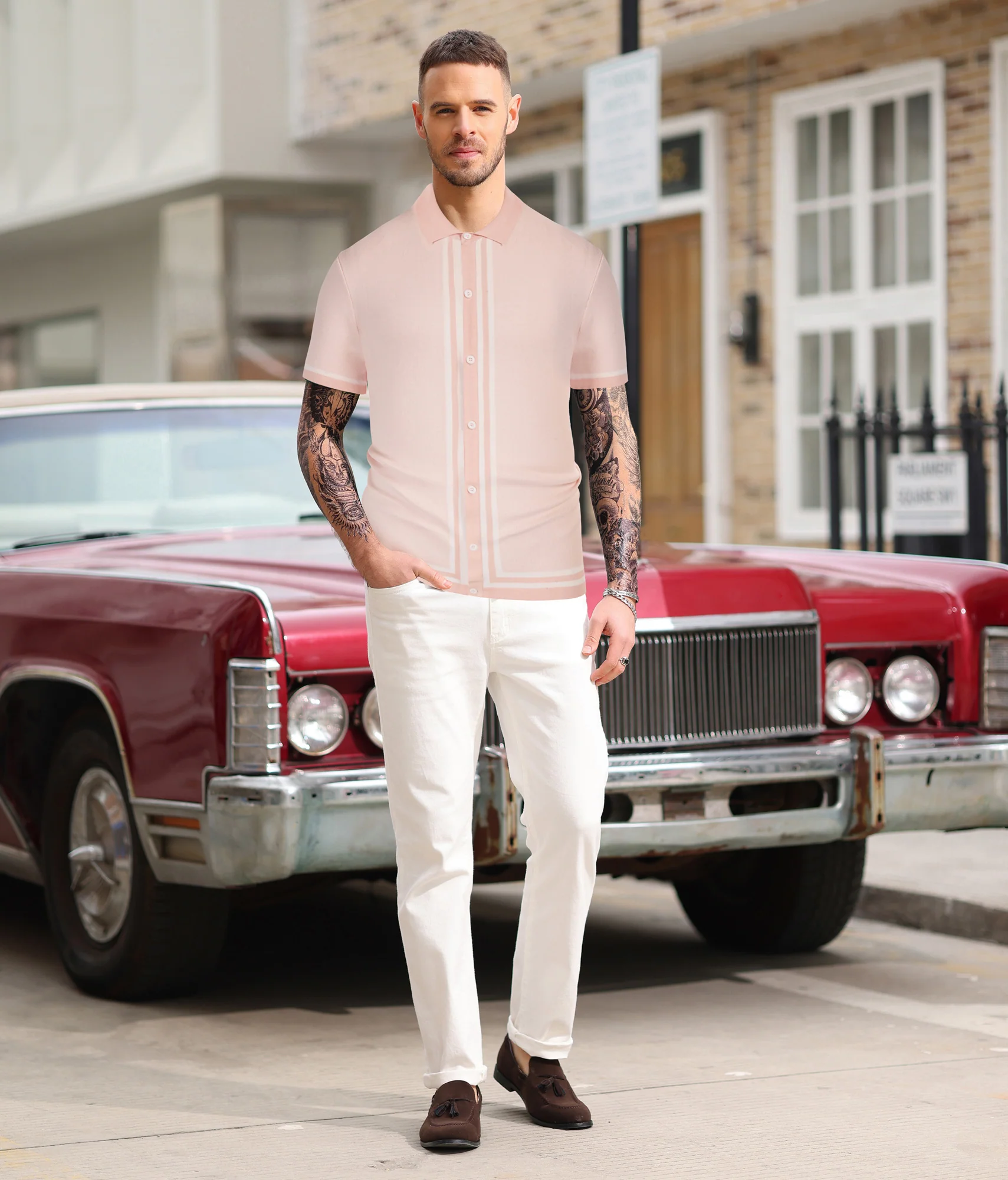 Men's Vintage Stripe Knit Polo Shirts Short Sleeve Stylish Button Down Cardigan Sweater - Image 25