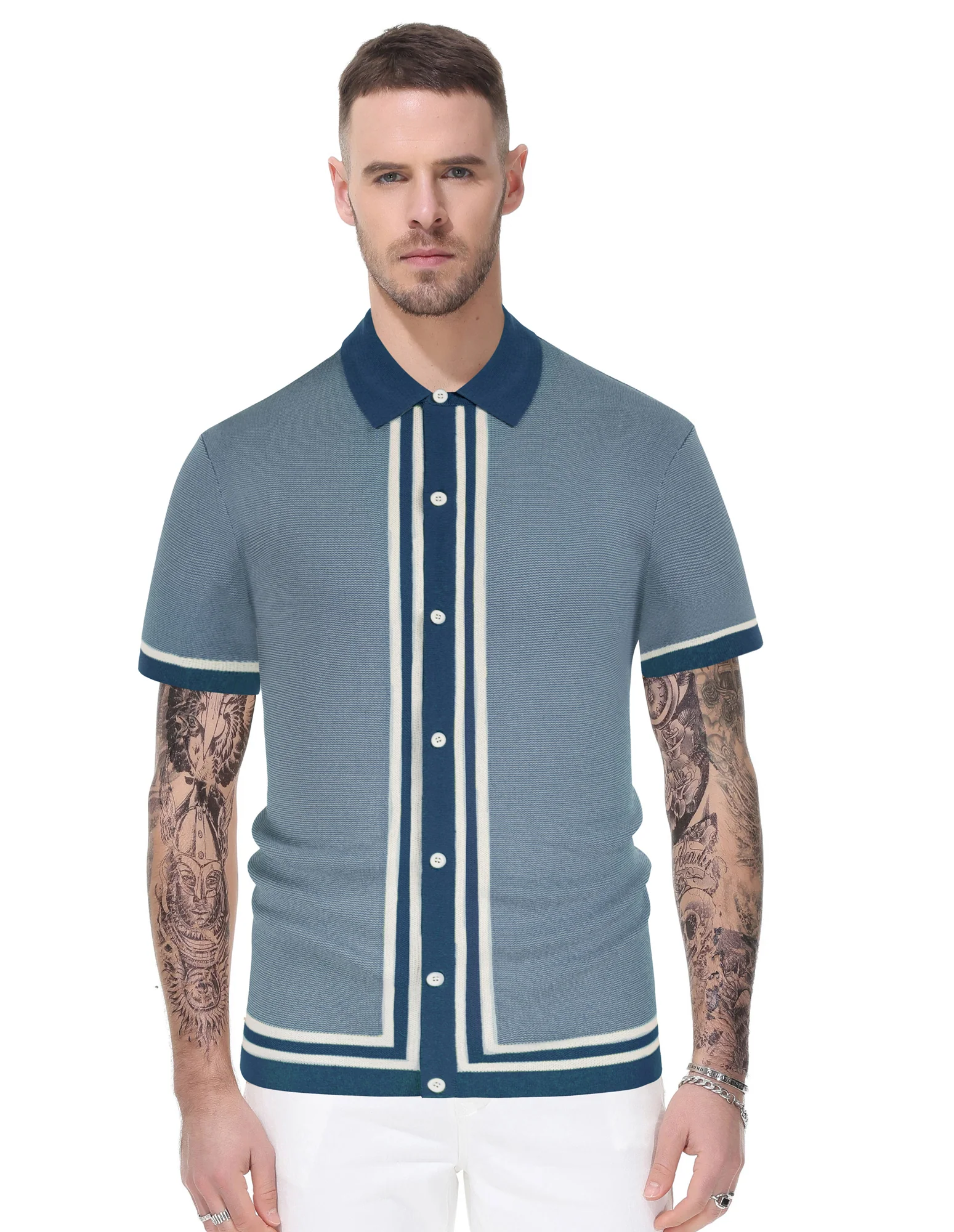 Men's Vintage Stripe Knit Polo Shirts Short Sleeve Stylish Button Down Cardigan Sweater - Image 29