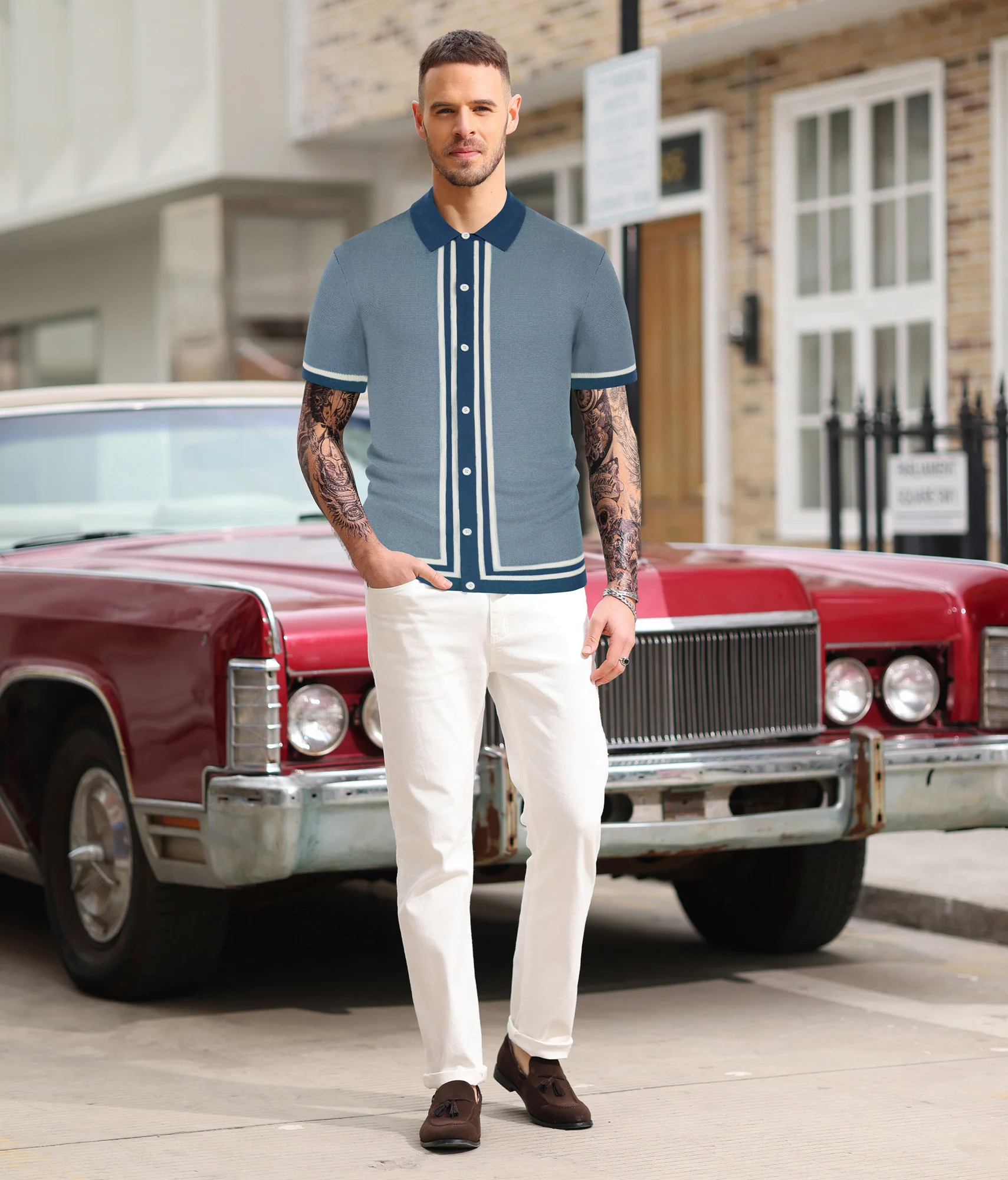 Men's Vintage Stripe Knit Polo Shirts Short Sleeve Stylish Button Down Cardigan Sweater - Image 30