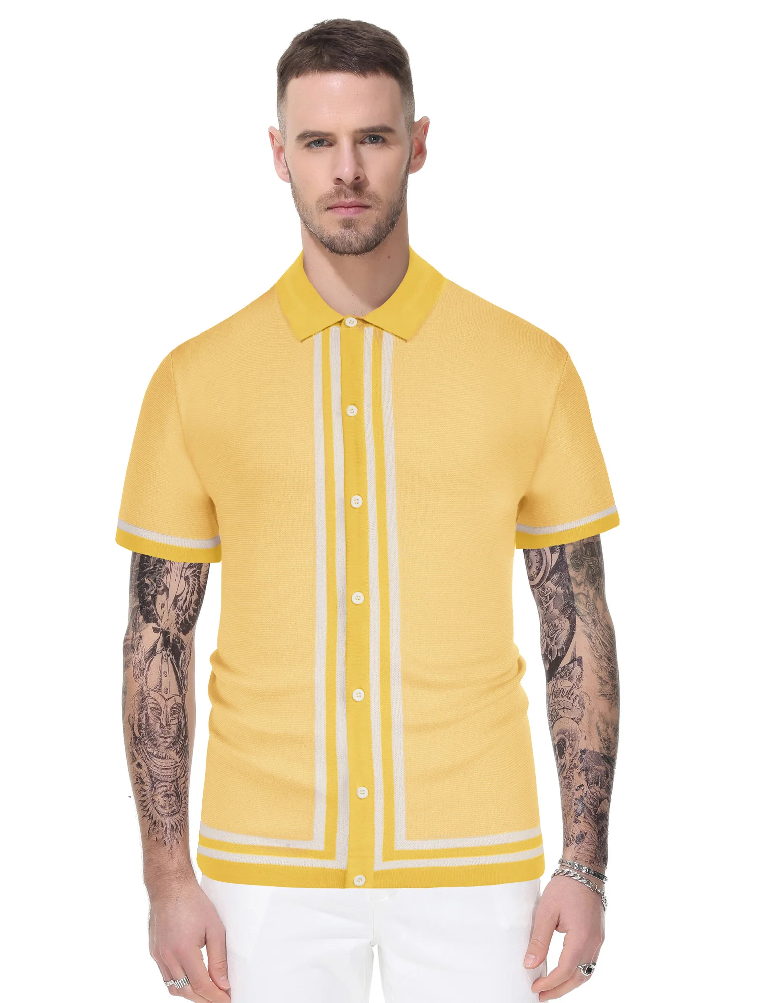 Men's Vintage Stripe Knit Polo Shirts Short Sleeve Stylish Button Down Cardigan Sweater - Image 34