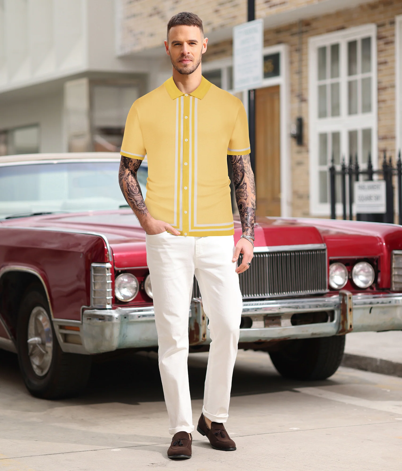 Men's Vintage Stripe Knit Polo Shirts Short Sleeve Stylish Button Down Cardigan Sweater - Image 35
