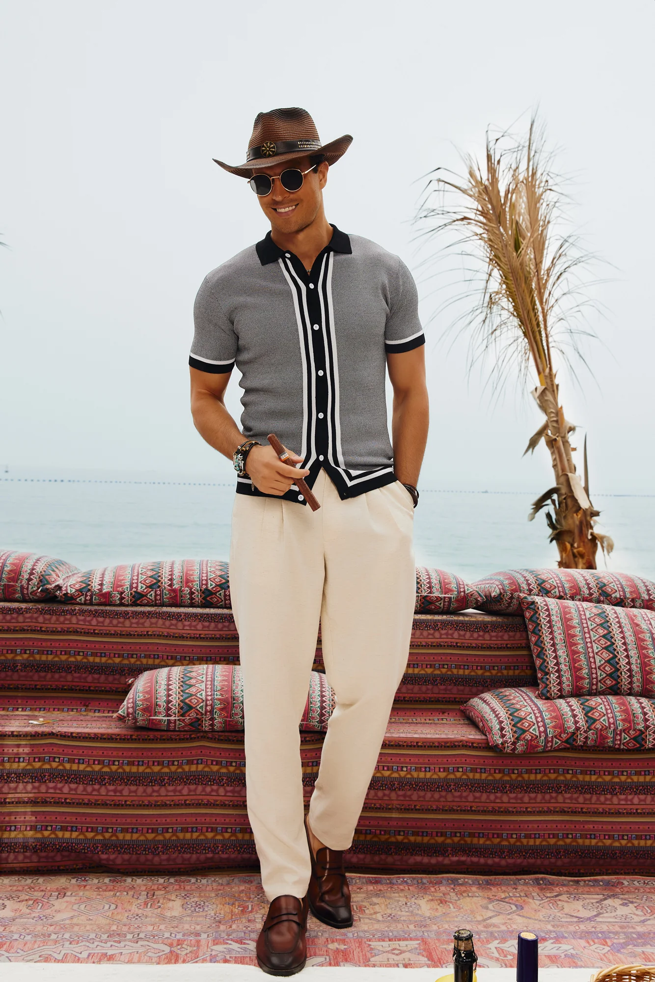 Men's Vintage Stripe Knit Polo Shirts Short Sleeve Stylish Button Down Cardigan Sweater - Image 6