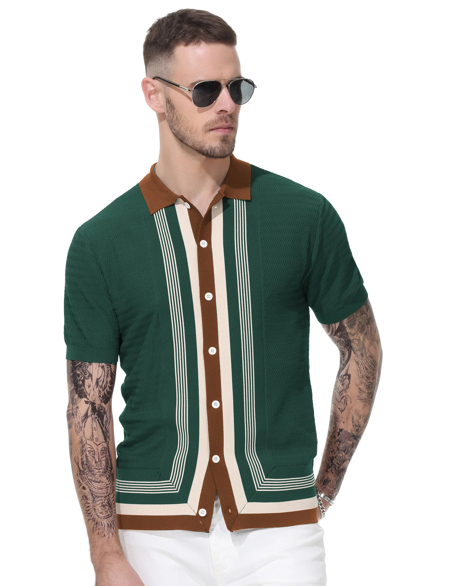 Men Contrast Color Cardigan Sweater Short Sleeve Lapel Button-up Knitwear - Image 15