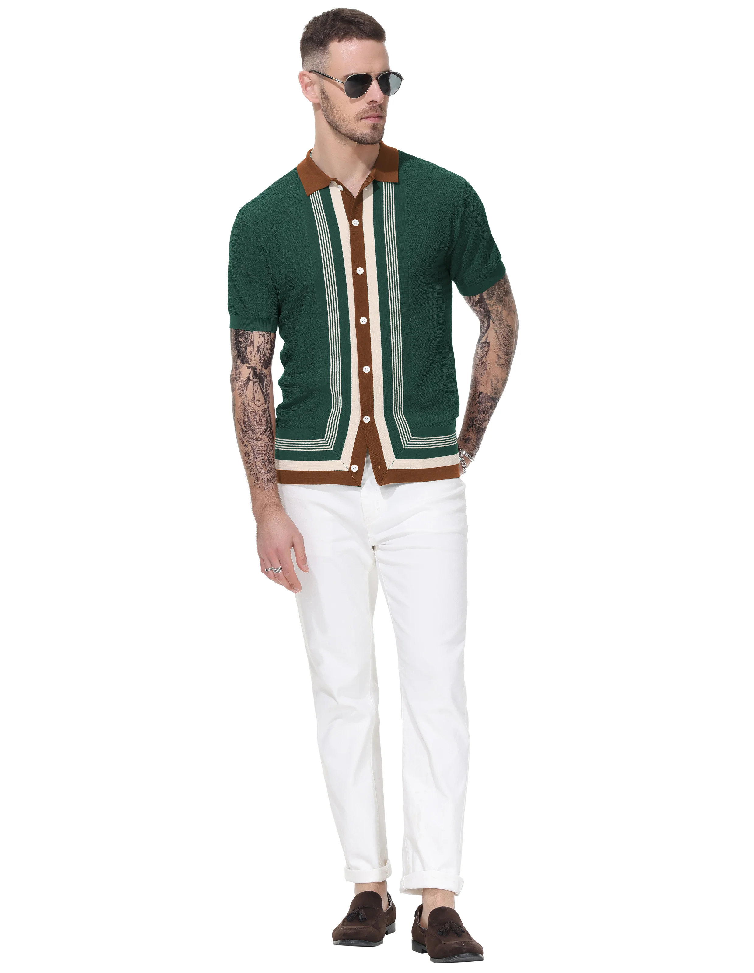 Men Contrast Color Cardigan Sweater Short Sleeve Lapel Button-up Knitwear - Image 16