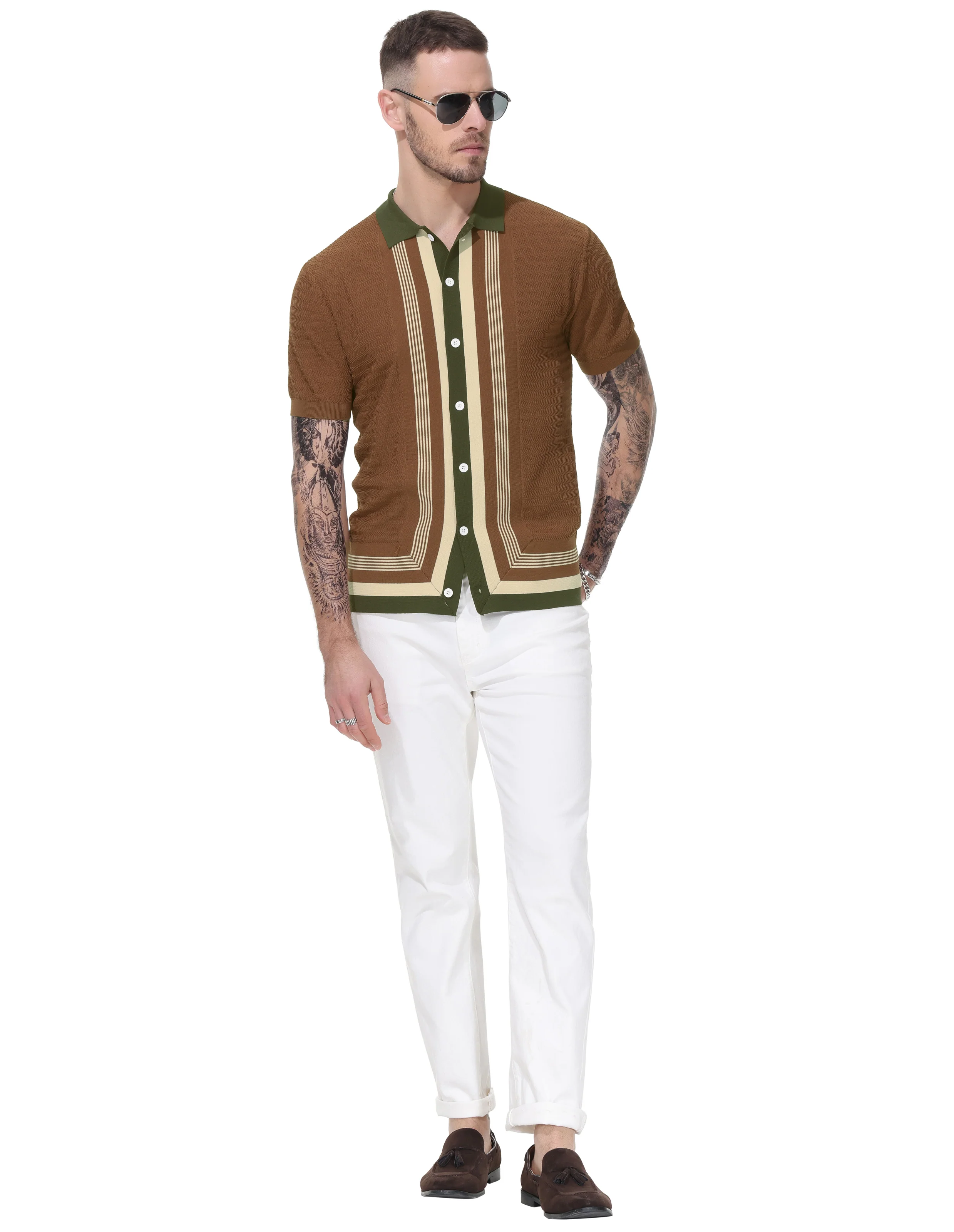 Men Contrast Color Cardigan Sweater Short Sleeve Lapel Button-up Knitwear - Image 20