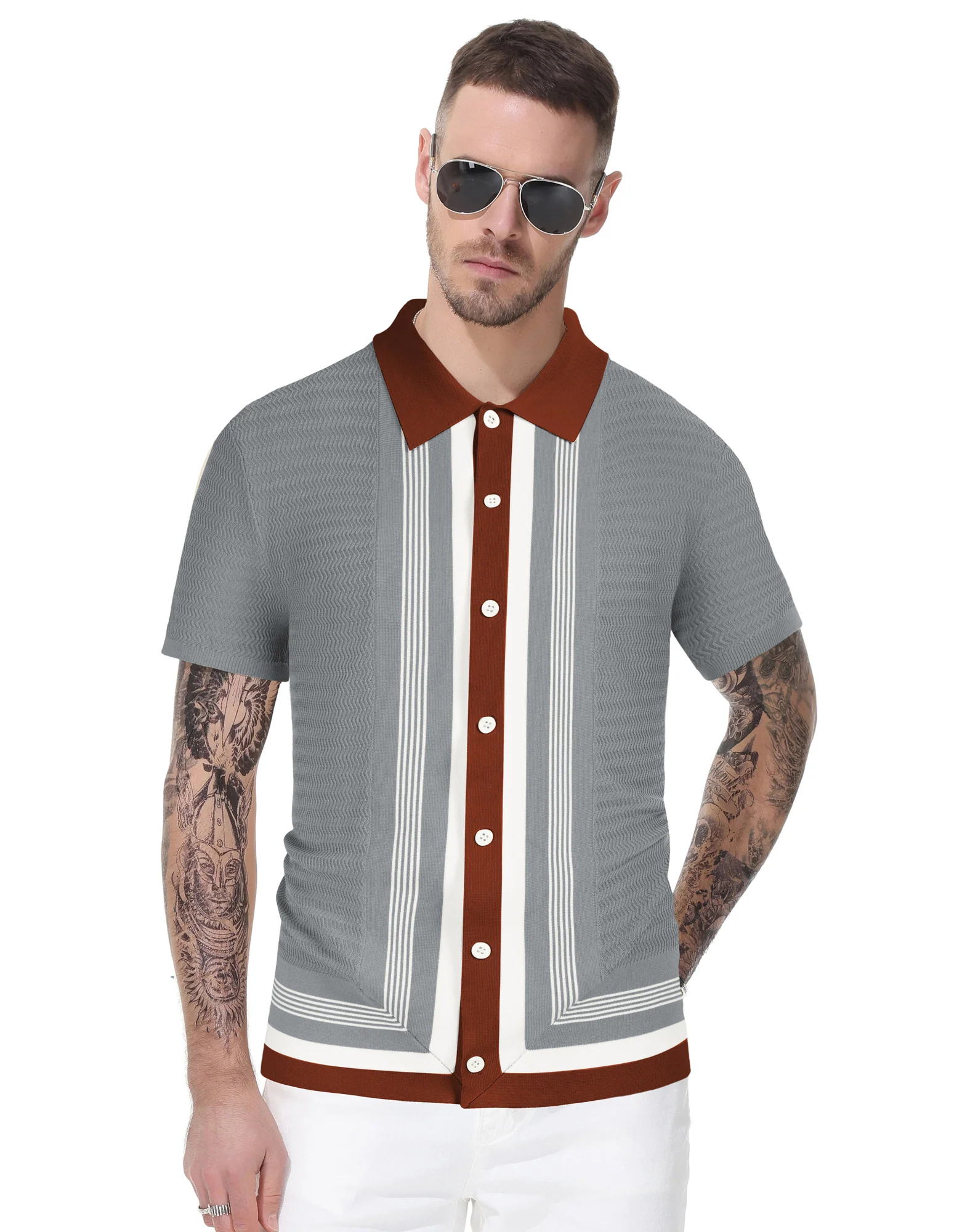 Men Contrast Color Cardigan Sweater Short Sleeve Lapel Button-up Knitwear - Image 23