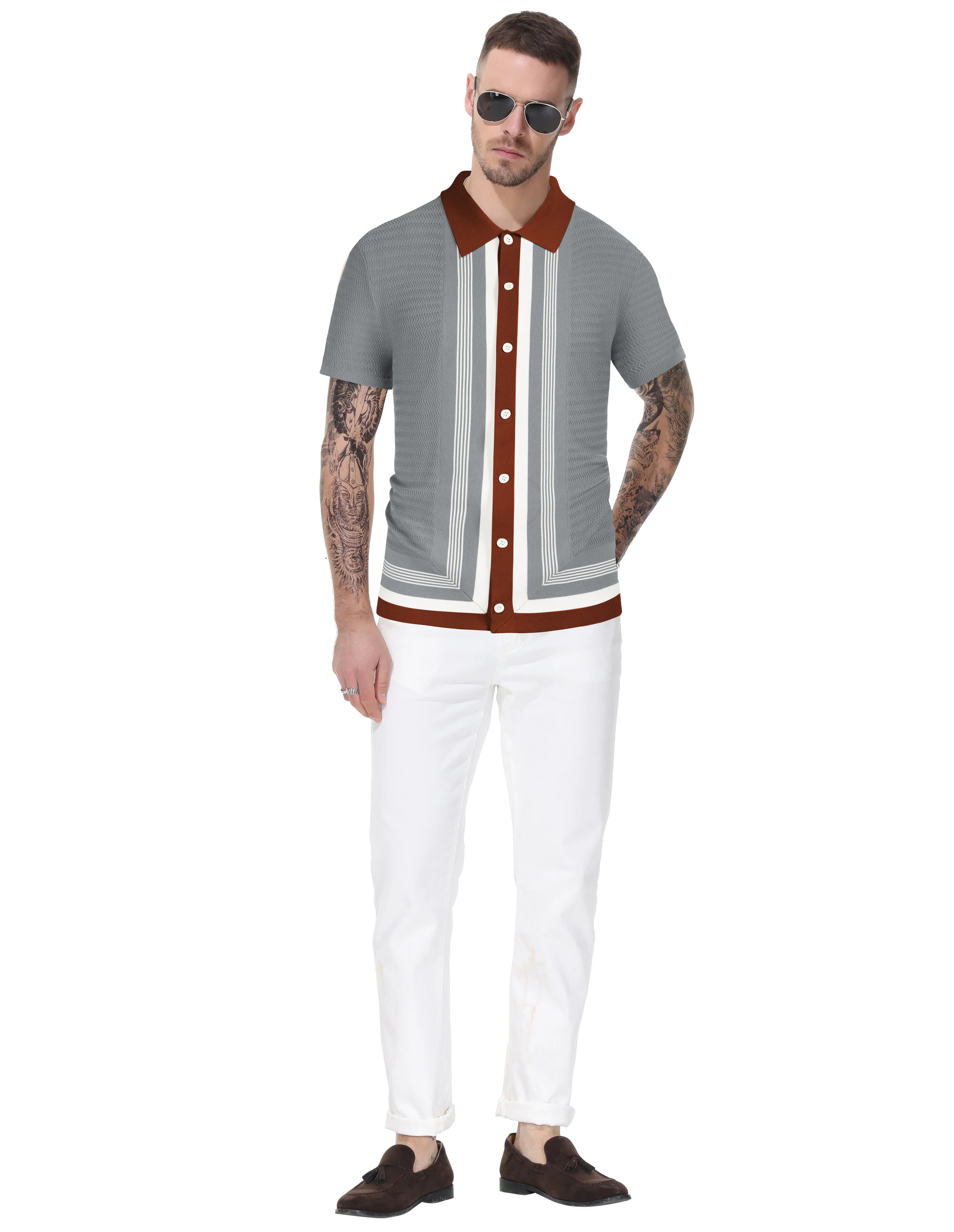 Men Contrast Color Cardigan Sweater Short Sleeve Lapel Button-up Knitwear - Image 24