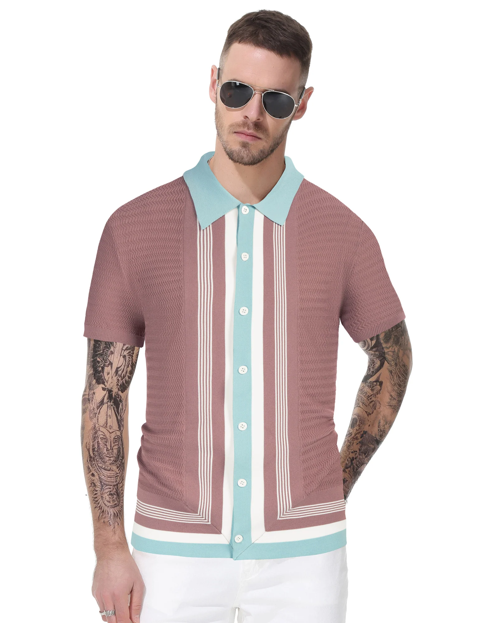 Men Contrast Color Cardigan Sweater Short Sleeve Lapel Button-up Knitwear - Image 27