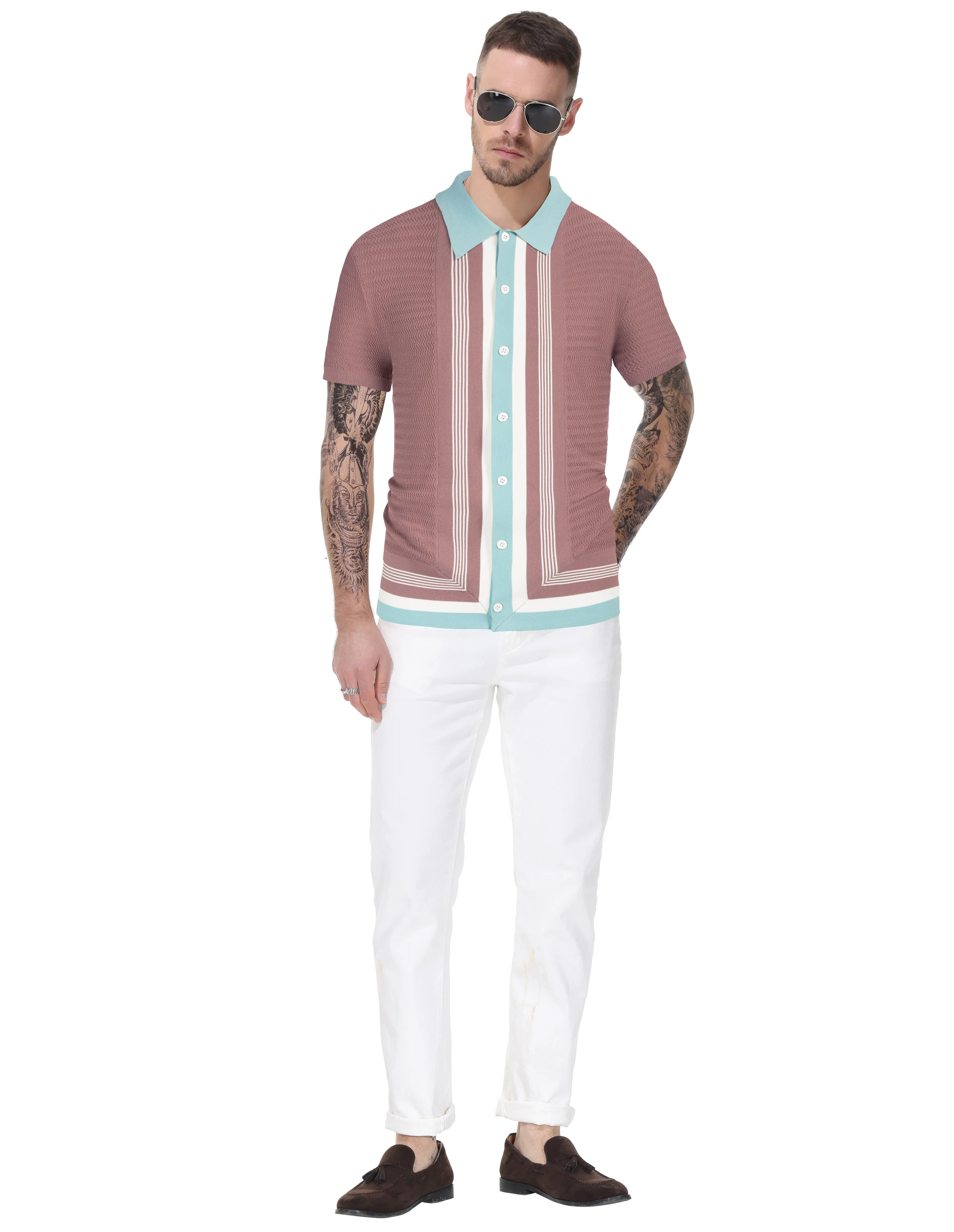 Men Contrast Color Cardigan Sweater Short Sleeve Lapel Button-up Knitwear - Image 28