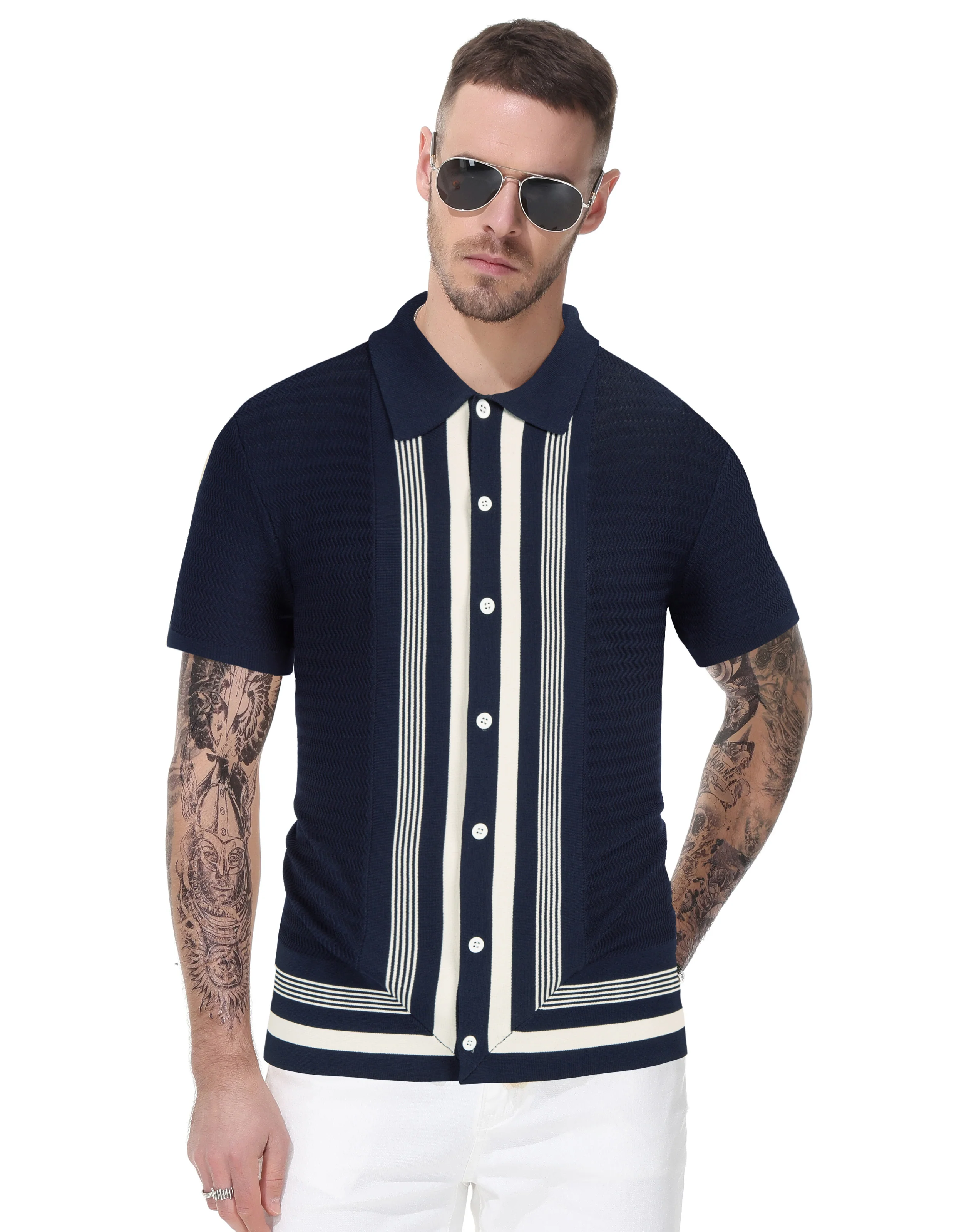 Men Contrast Color Cardigan Sweater Short Sleeve Lapel Button-up Knitwear - Image 31