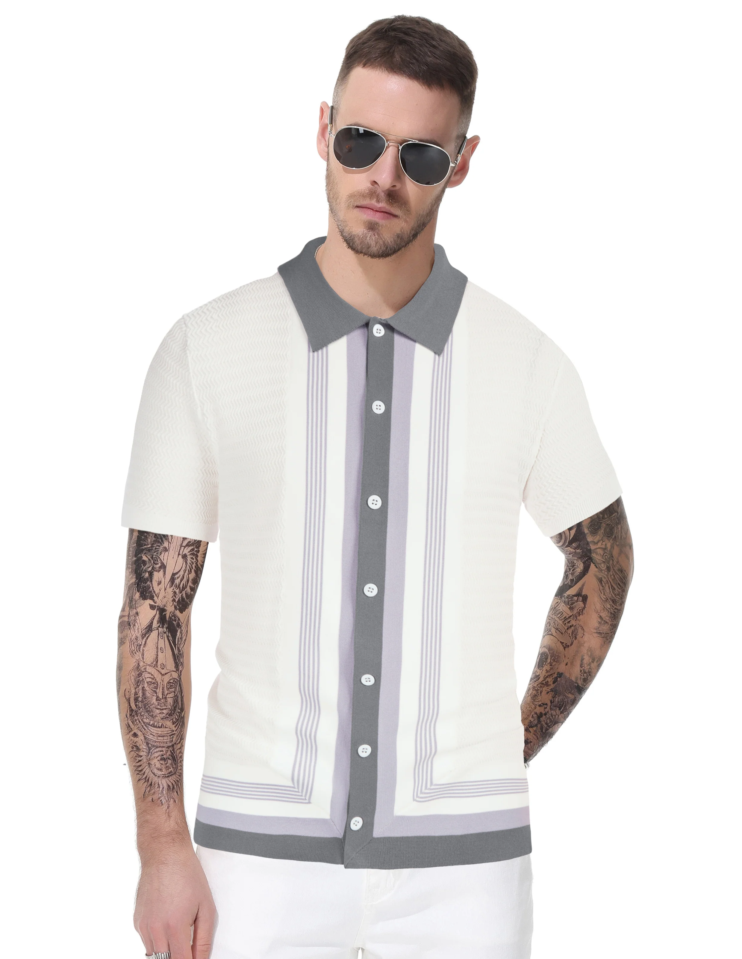 Men Contrast Color Cardigan Sweater Short Sleeve Lapel Button-up Knitwear - Image 35