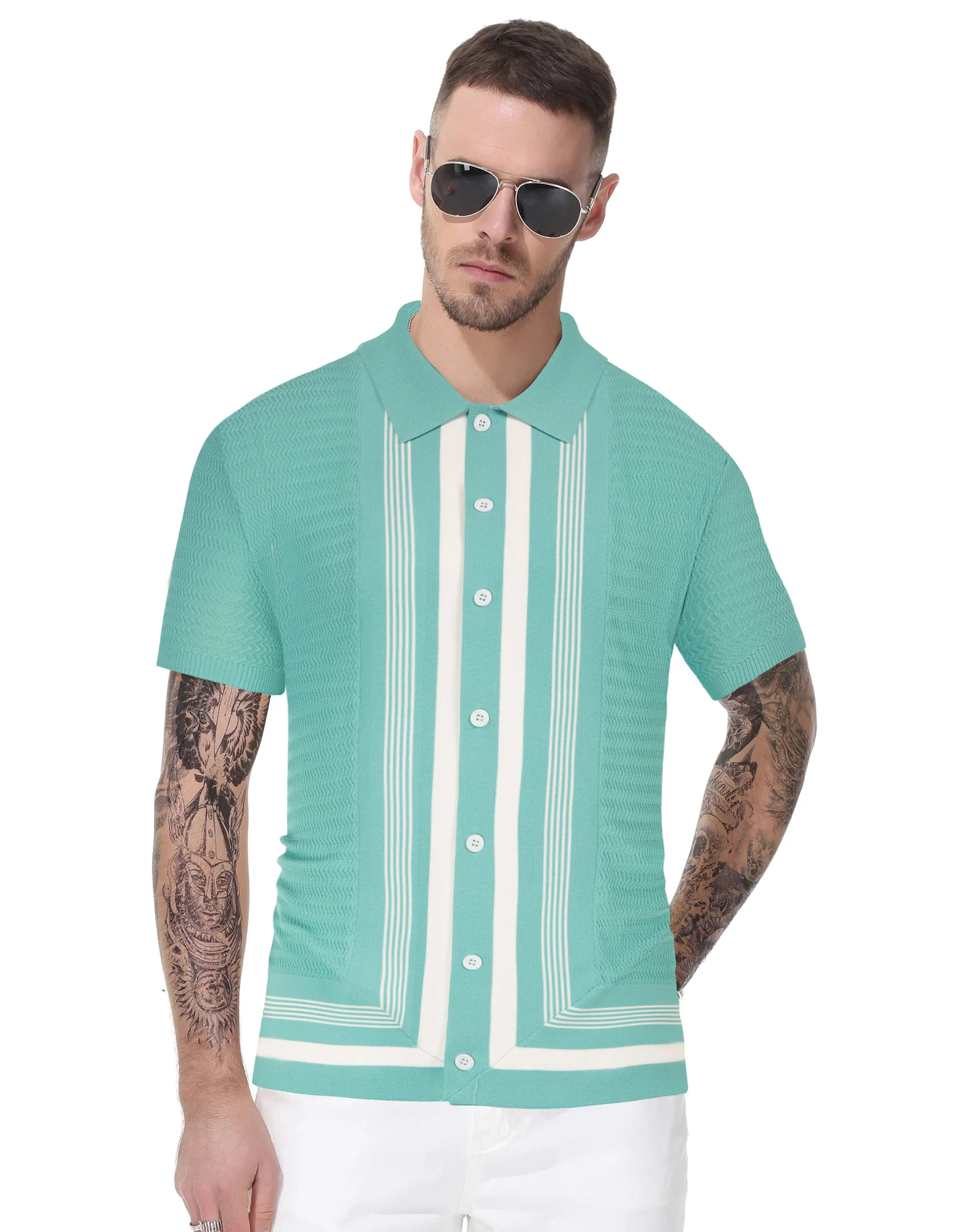 Men Contrast Color Cardigan Sweater Short Sleeve Lapel Button-up Knitwear - Image 43