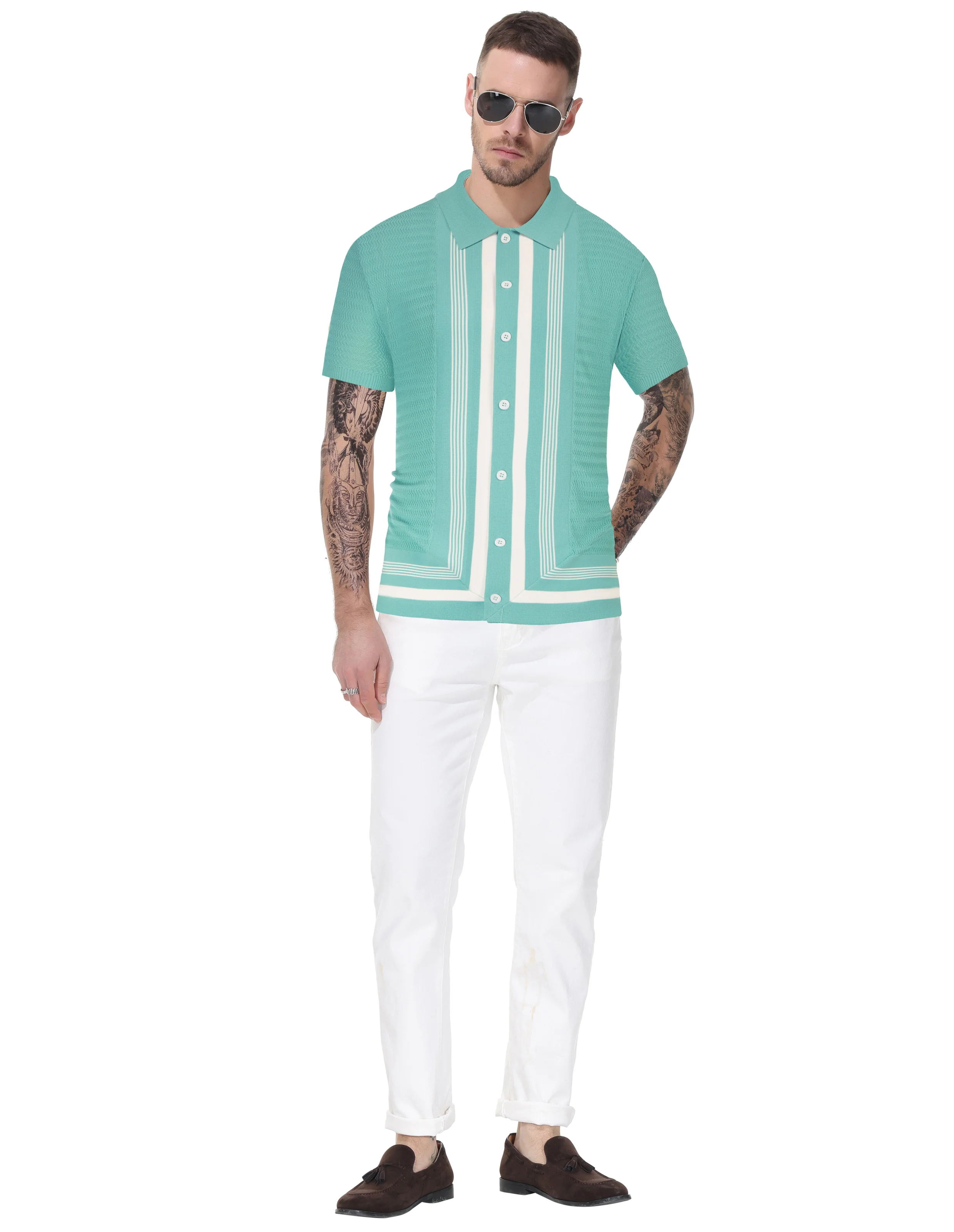 Men Contrast Color Cardigan Sweater Short Sleeve Lapel Button-up Knitwear - Image 44