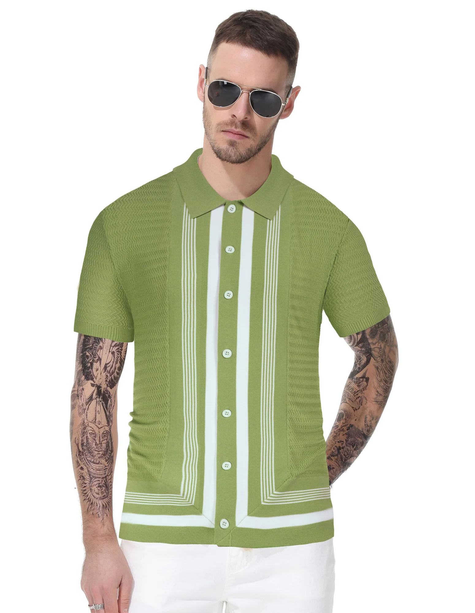 Men Contrast Color Cardigan Sweater Short Sleeve Lapel Button-up Knitwear - Image 47