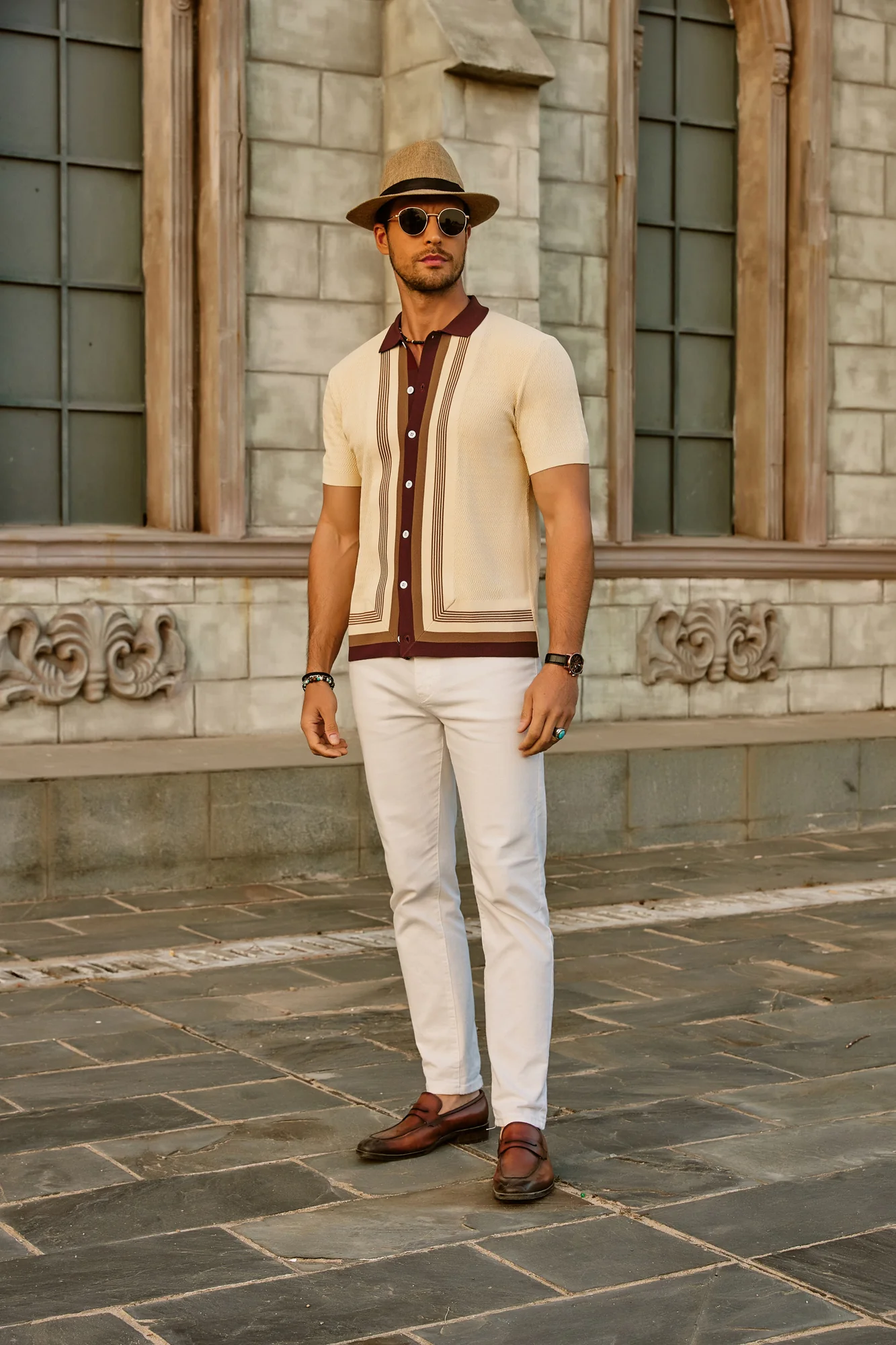 Men Contrast Color Cardigan Sweater Short Sleeve Lapel Button-up Knitwear - Image 5