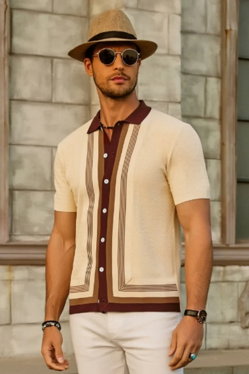 Men Contrast Color Cardigan Sweater Short Sleeve Lapel Button-up Knitwear - Image 6
