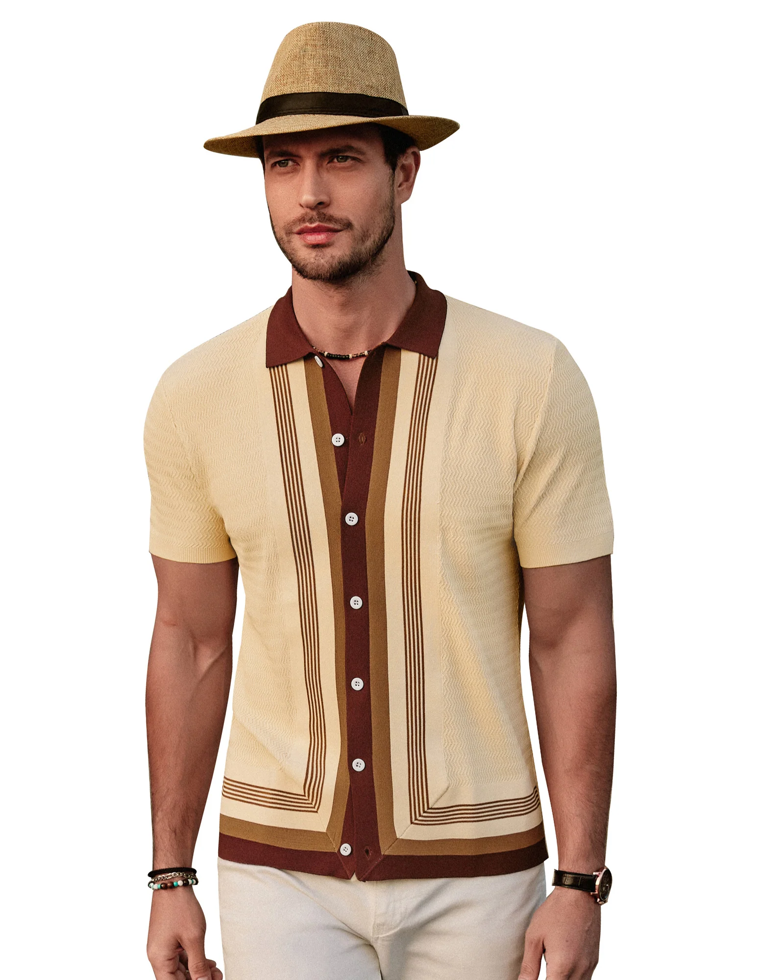 Men Contrast Color Cardigan Sweater Short Sleeve Lapel Button-up Knitwear - Image 7