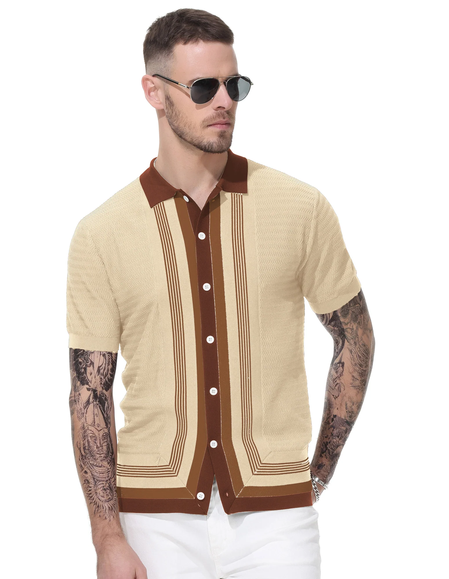 Men's Vintage Stripe Knit Polo Shirts Short Sleeve Stylish Button Down Cardigan Sweater - Image 10