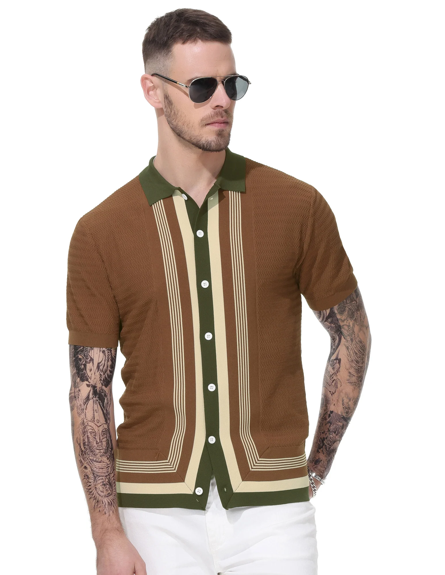 Men's Vintage Stripe Knit Polo Shirts Short Sleeve Stylish Button Down Cardigan Sweater - Image 17