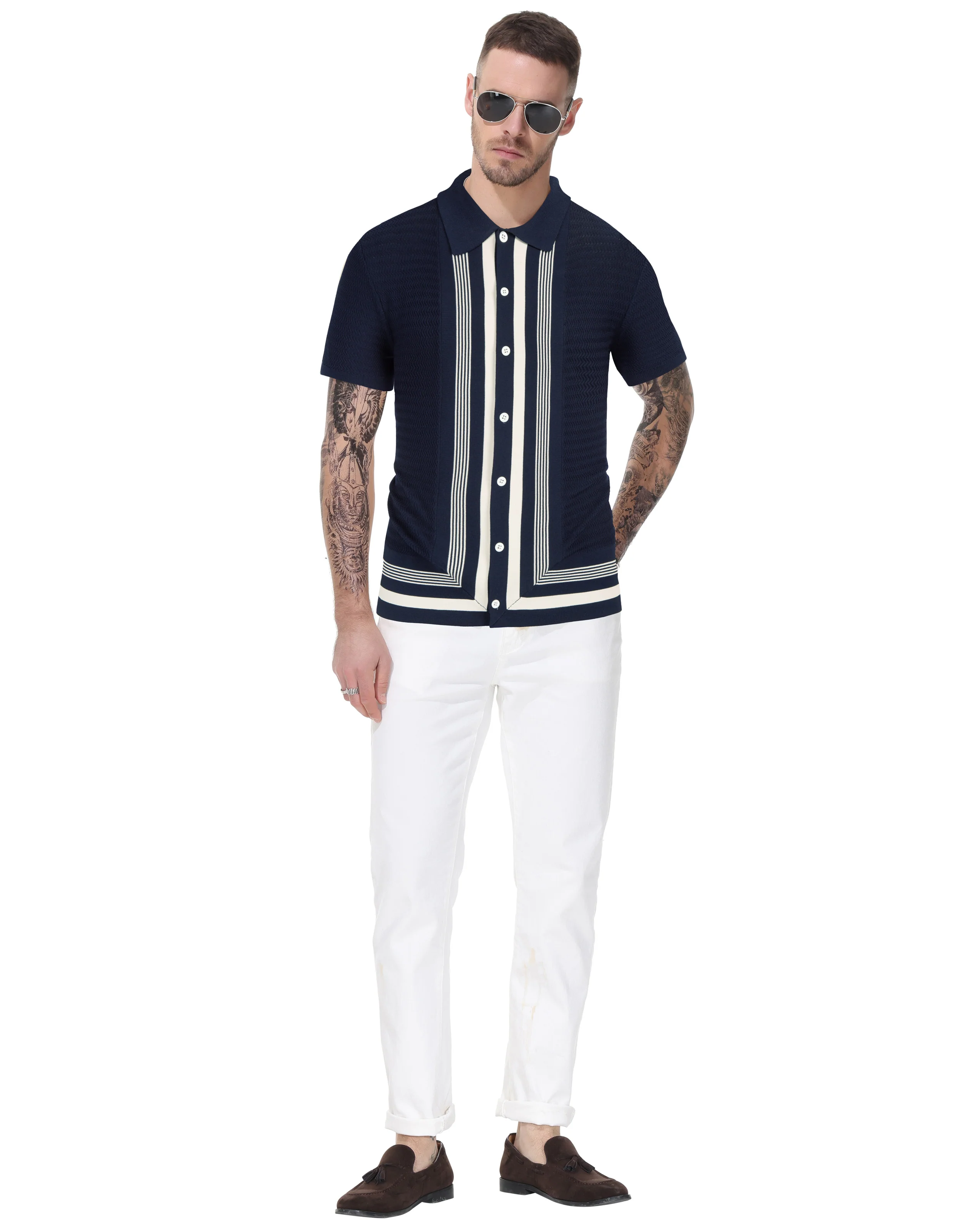 Men's Vintage Stripe Knit Polo Shirts Short Sleeve Stylish Button Down Cardigan Sweater - Image 28