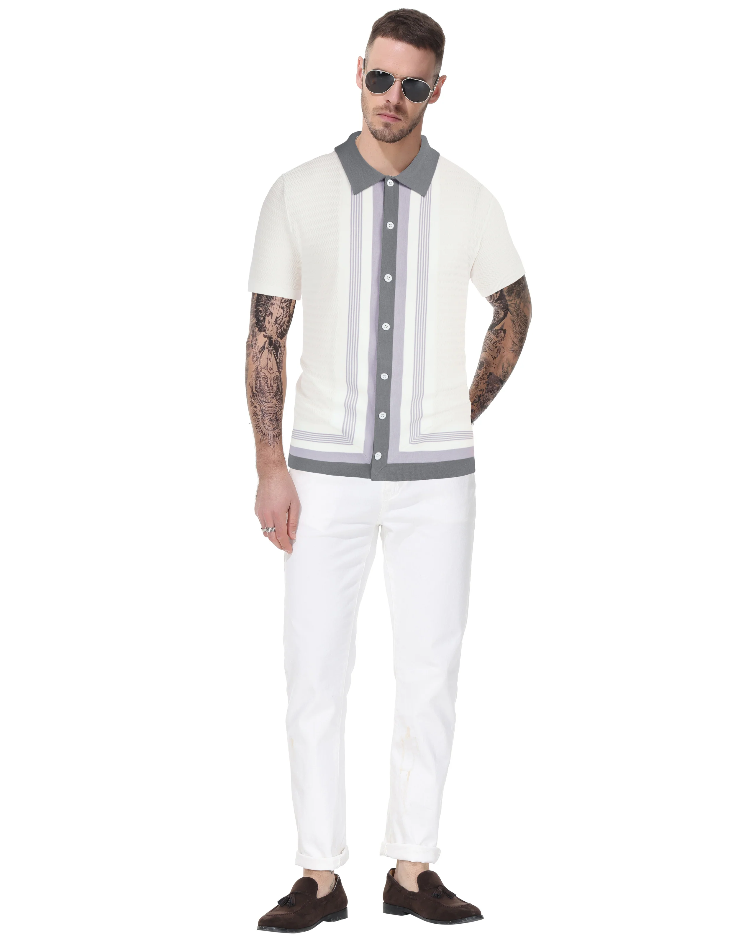 Men's Vintage Stripe Knit Polo Shirts Short Sleeve Stylish Button Down Cardigan Sweater - Image 32