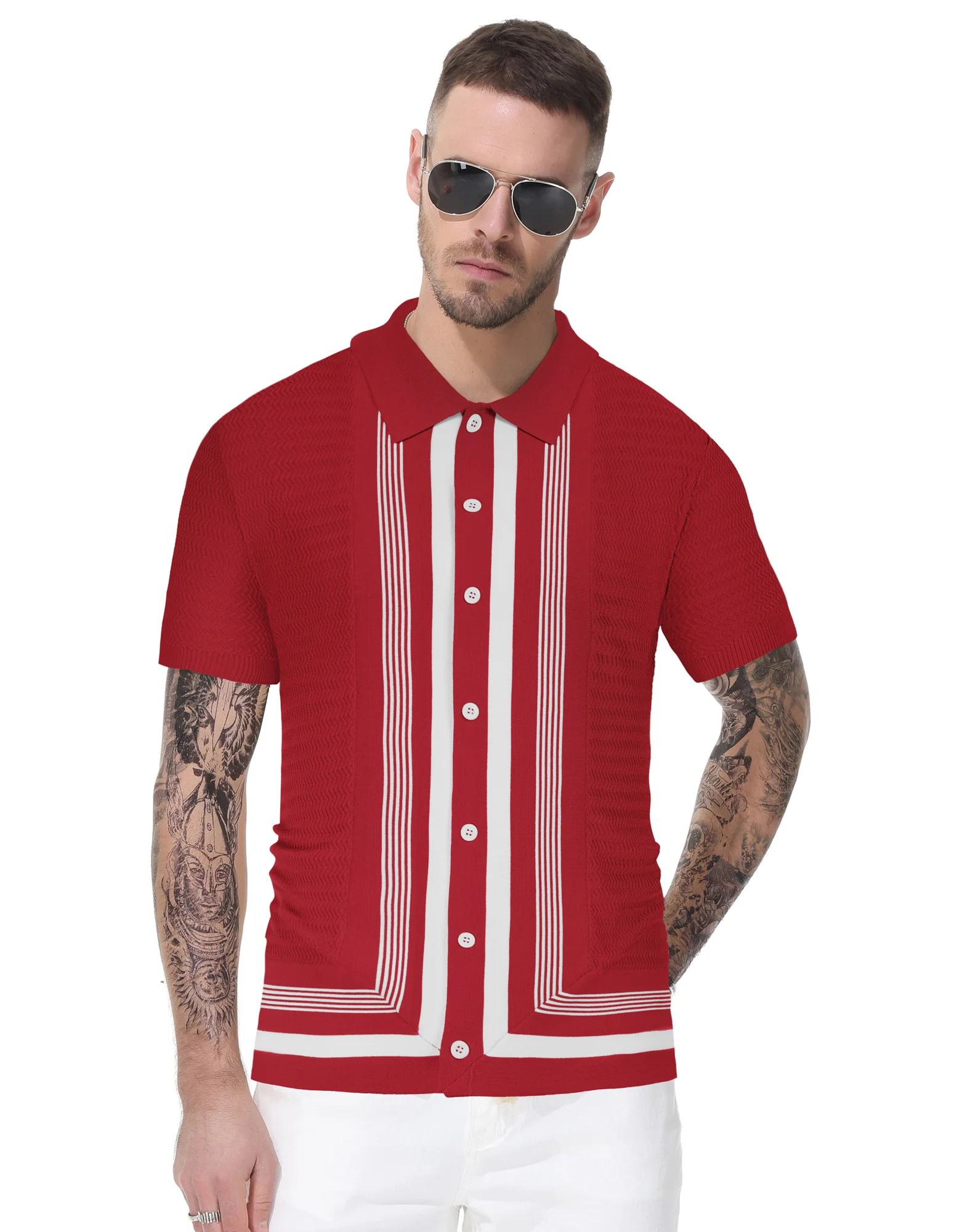 Men's Vintage Stripe Knit Polo Shirts Short Sleeve Stylish Button Down Cardigan Sweater - Image 33