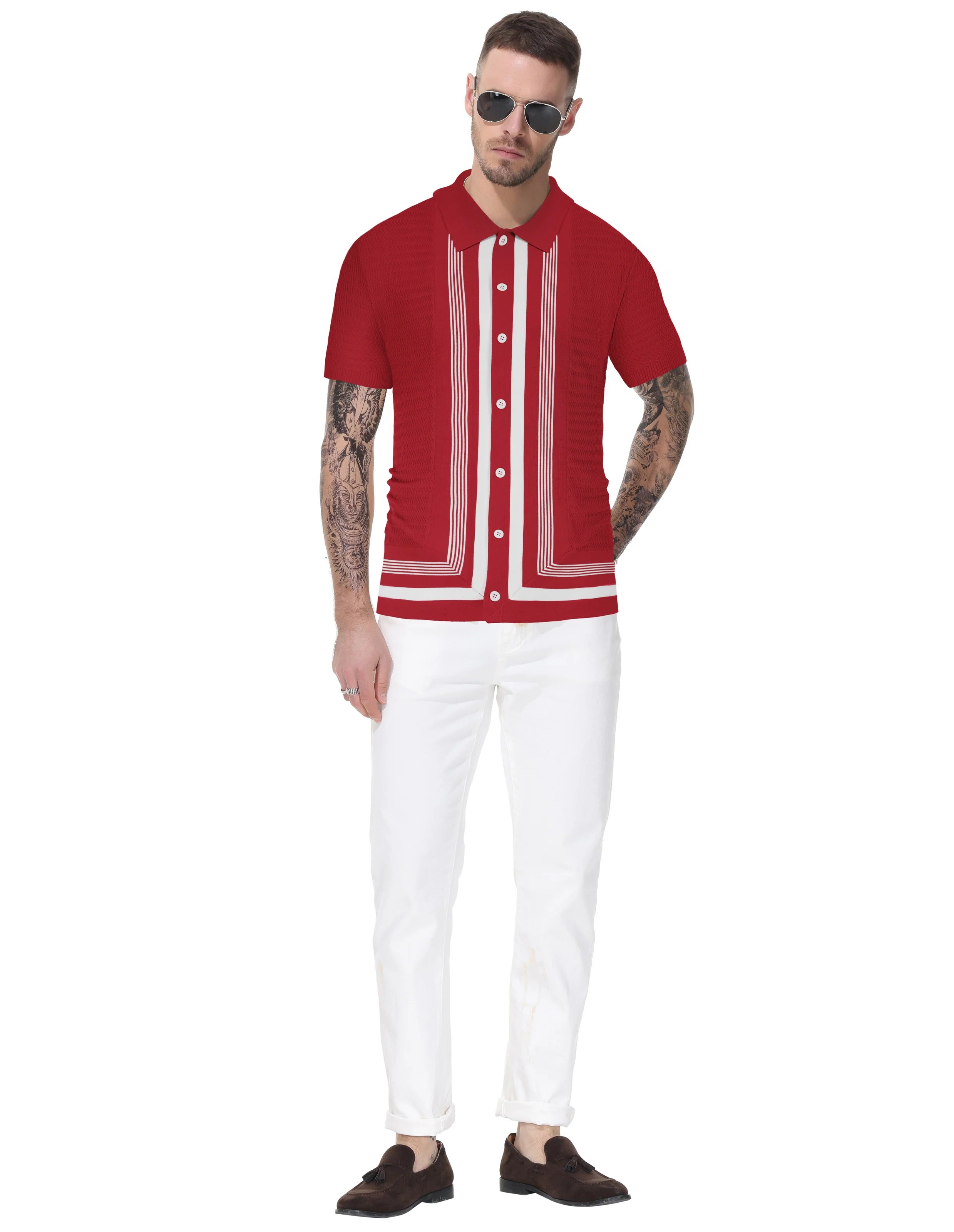 Men's Vintage Stripe Knit Polo Shirts Short Sleeve Stylish Button Down Cardigan Sweater - Image 36