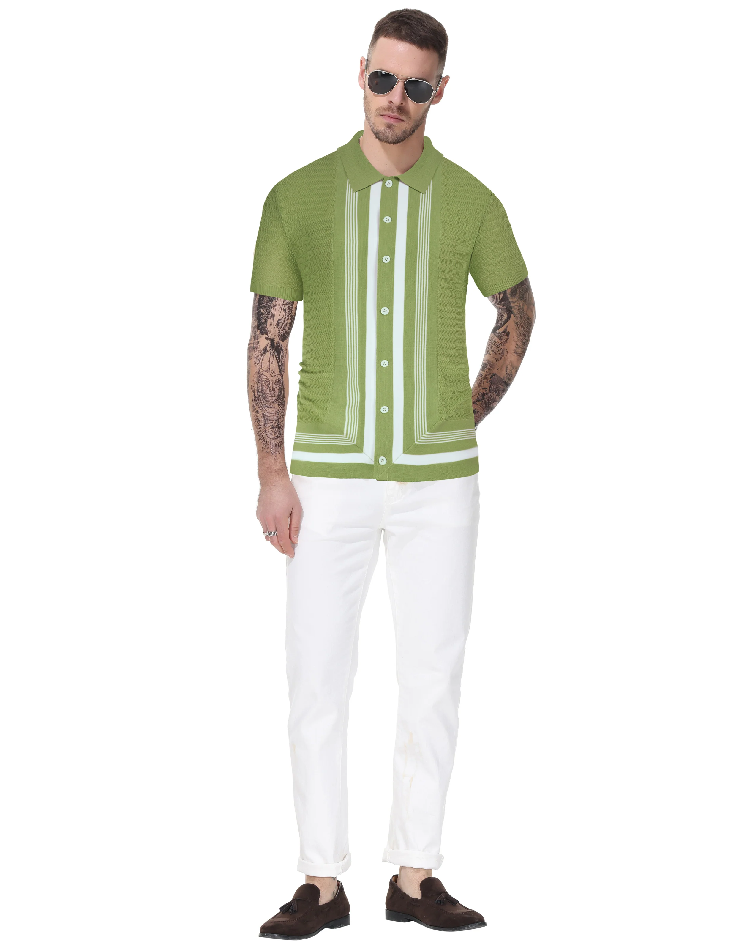 Men's Vintage Stripe Knit Polo Shirts Short Sleeve Stylish Button Down Cardigan Sweater - Image 40