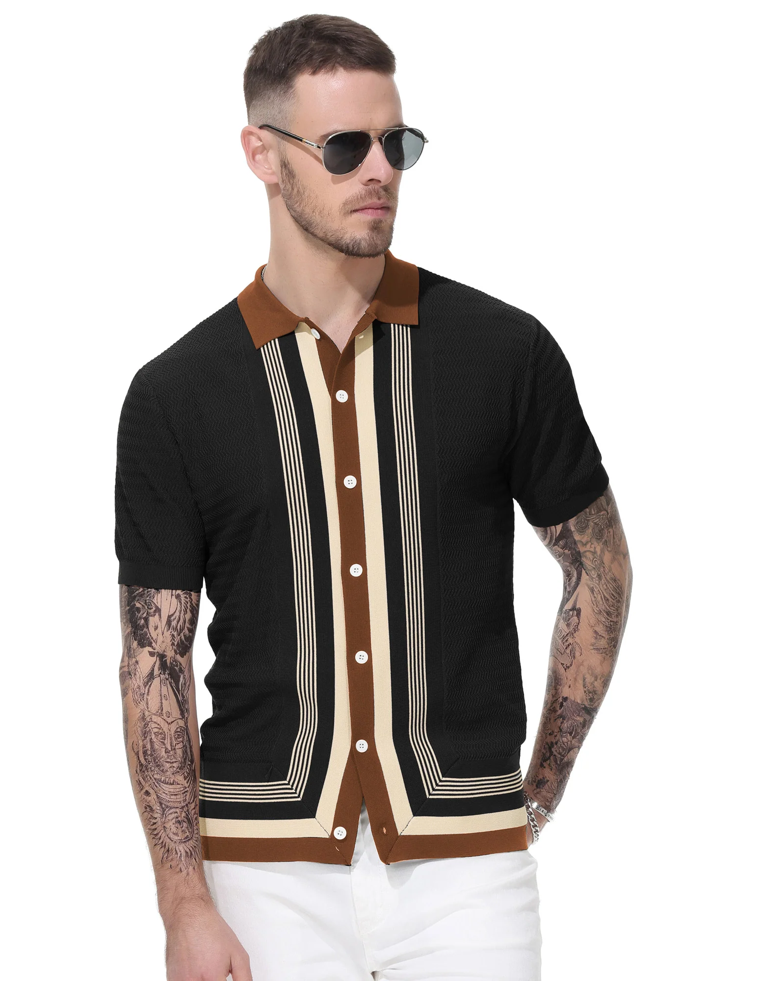 Men's Vintage Stripe Knit Polo Shirts Short Sleeve Stylish Button Down Cardigan Sweater - Image 5