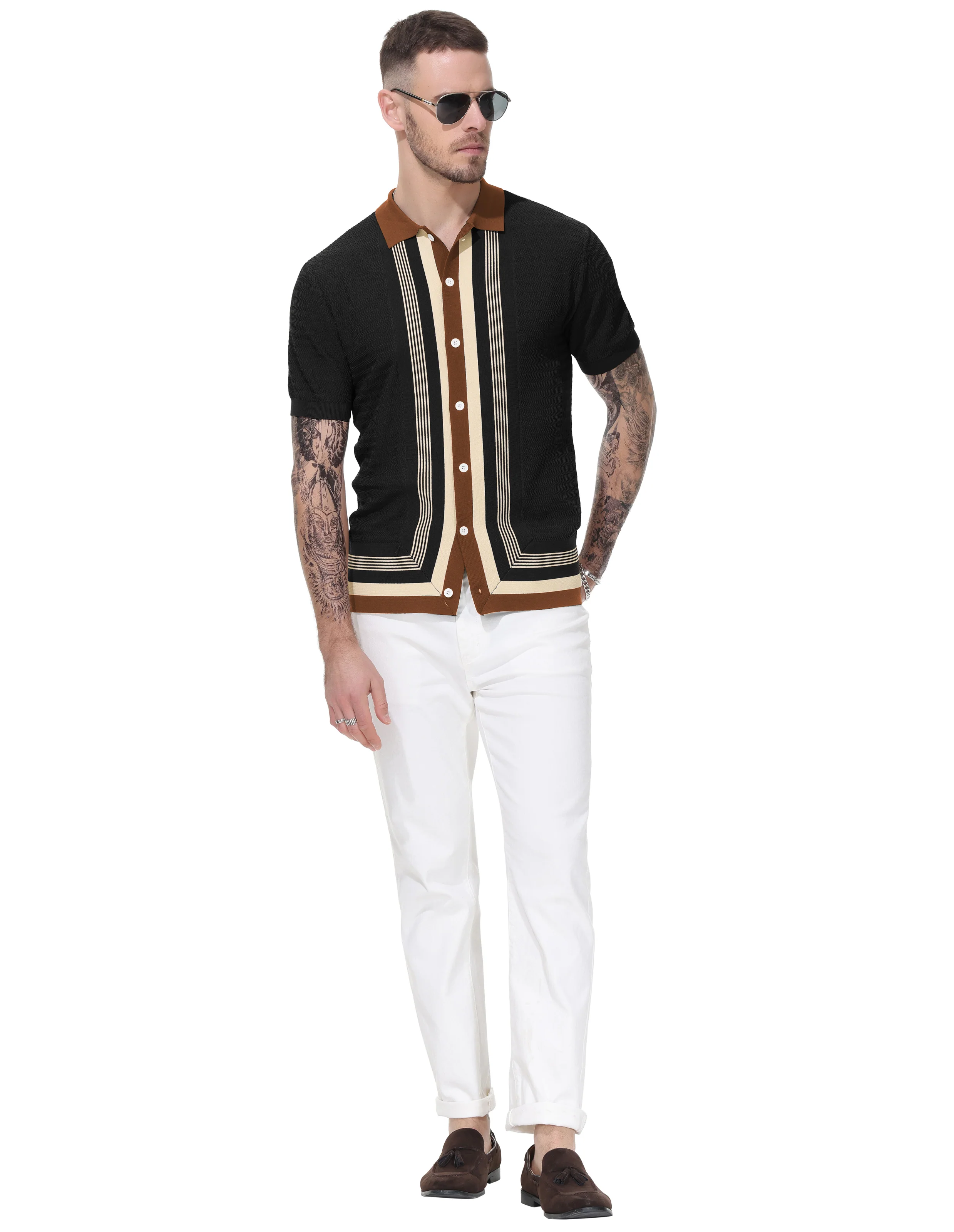 Men's Vintage Stripe Knit Polo Shirts Short Sleeve Stylish Button Down Cardigan Sweater - Image 8