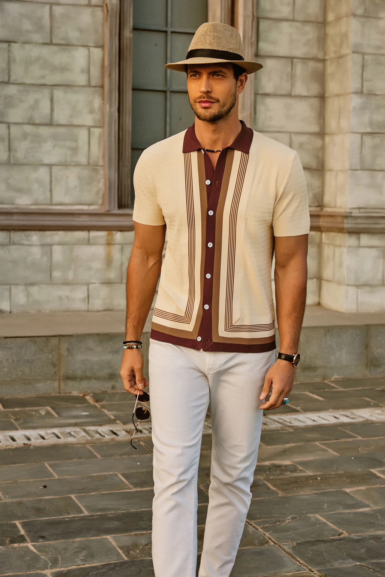 Men's Vintage Stripe Knit Polo Shirts Short Sleeve Stylish Button Down Cardigan Sweater - Image 9