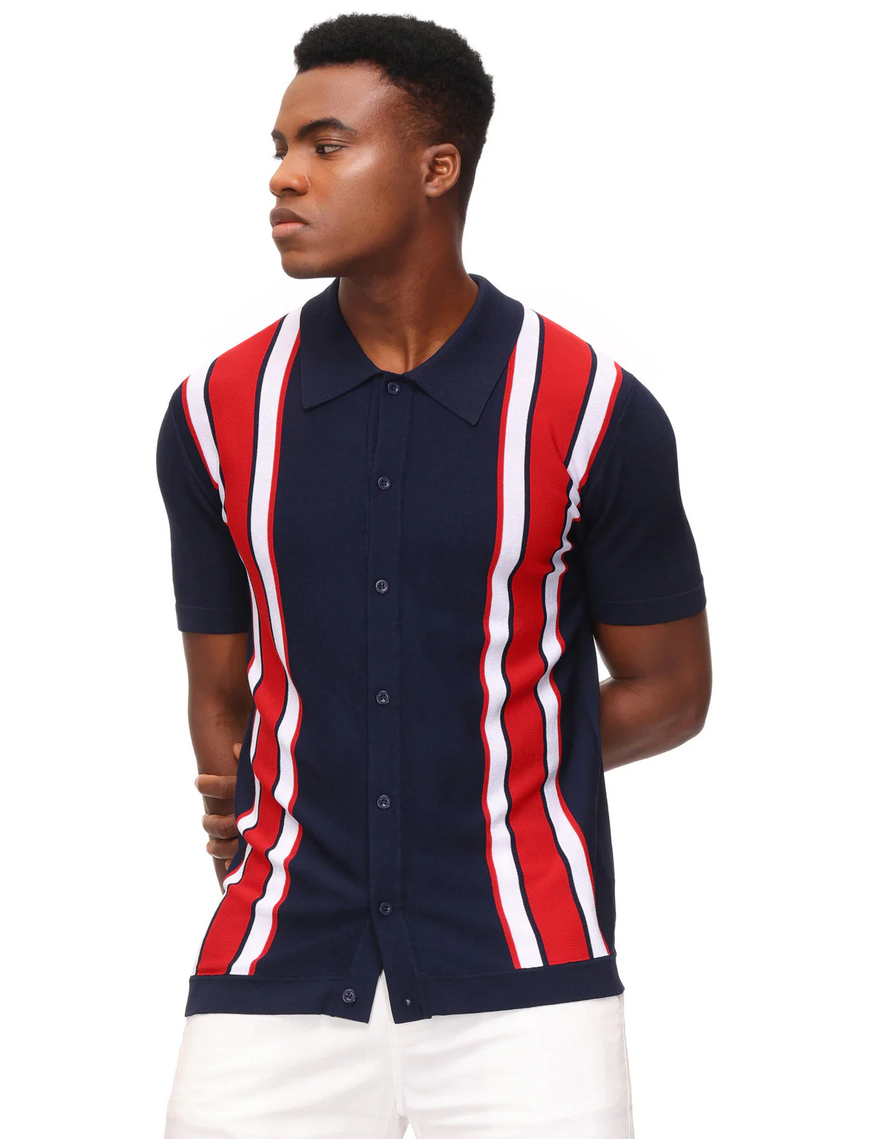 Mens Polo Shirts Vintage Striped Lightweight Knitting Golf Cardigans Shirts - Image 10