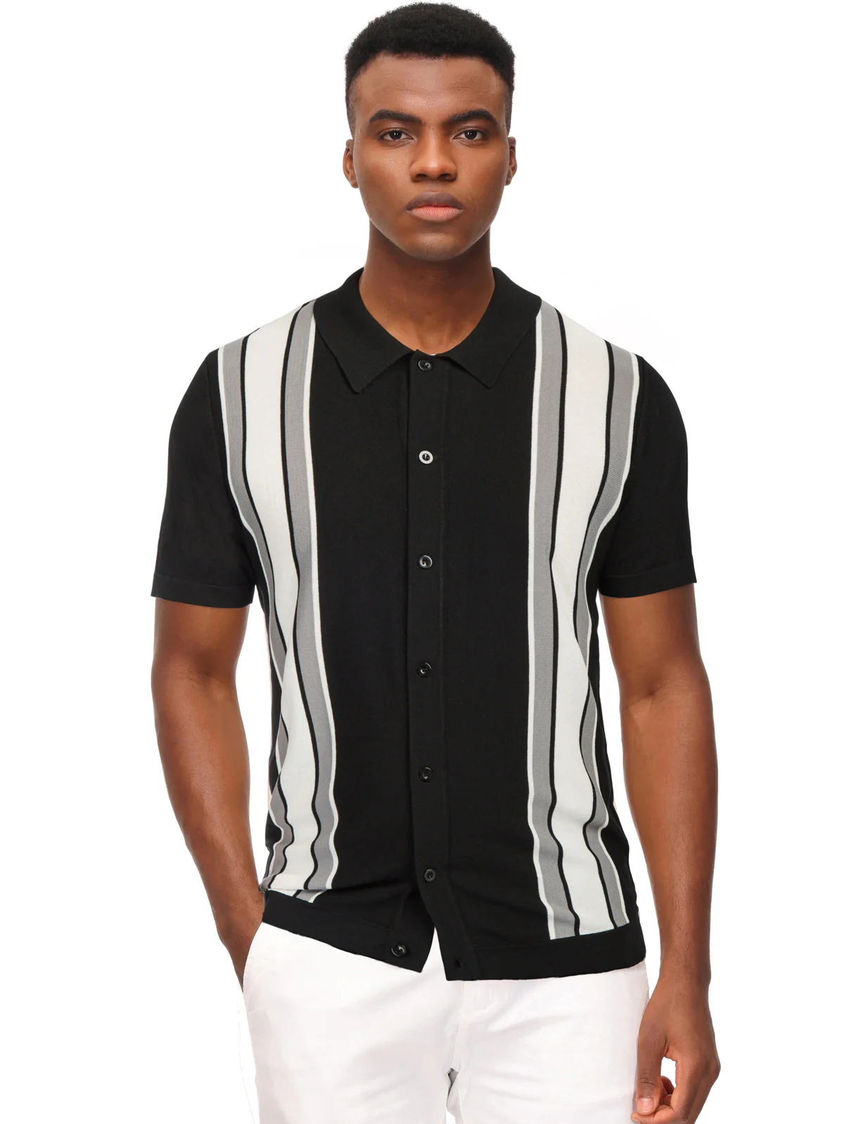 Mens Polo Shirts Vintage Striped Lightweight Knitting Golf Cardigans Shirts - Image 14
