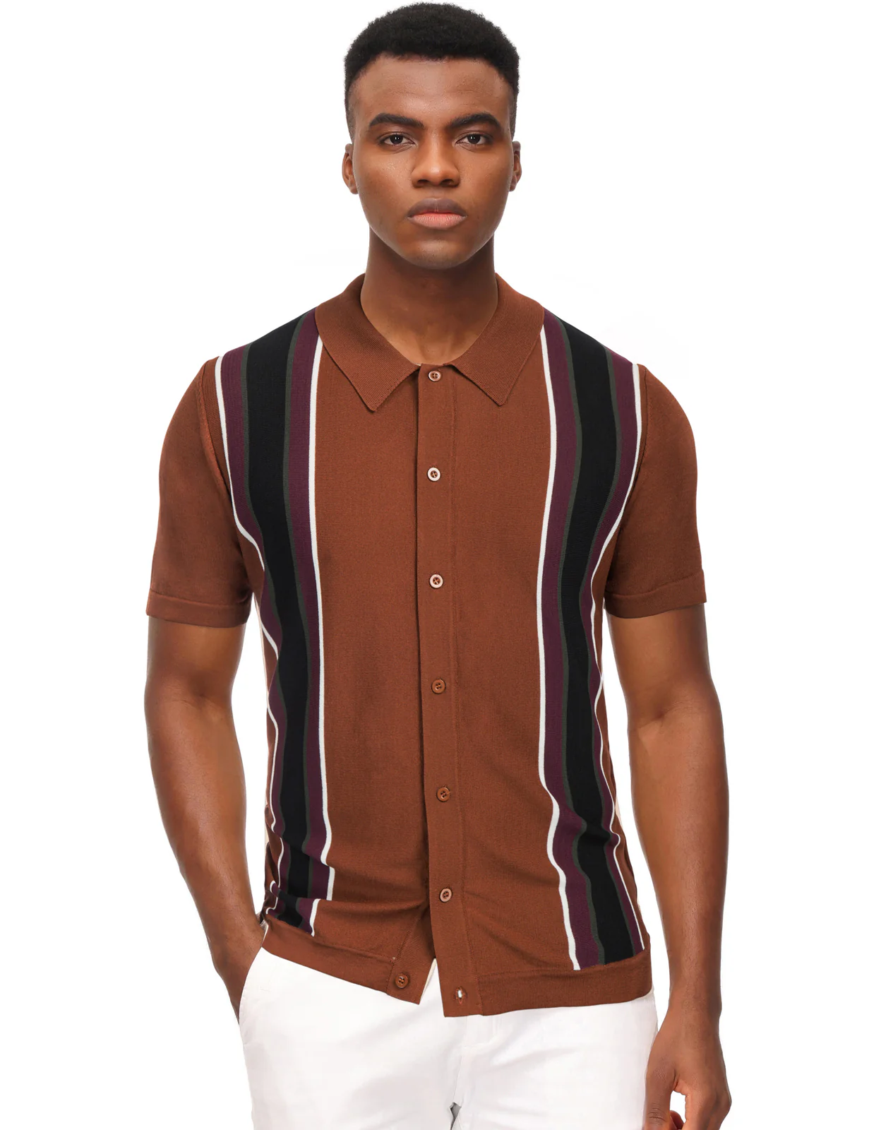 Mens Polo Shirts Vintage Striped Lightweight Knitting Golf Cardigans Shirts - Image 19