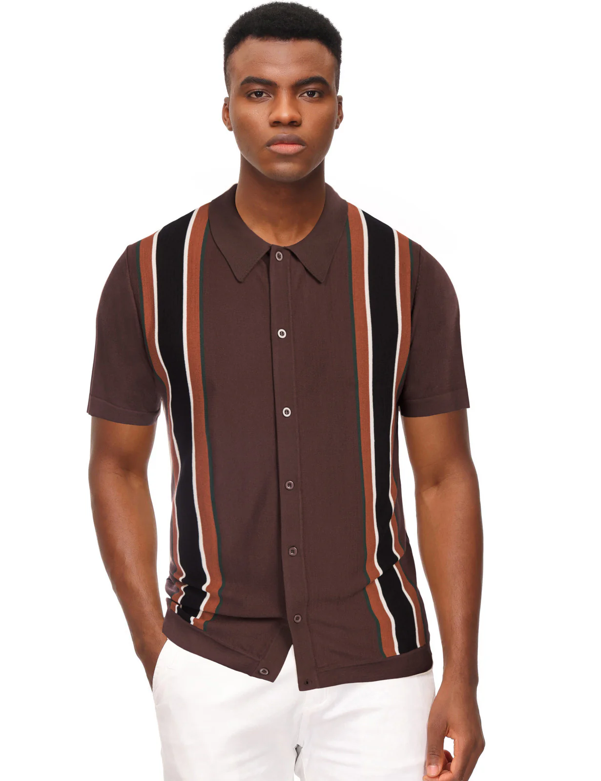 Mens Polo Shirts Vintage Striped Lightweight Knitting Golf Cardigans Shirts - Image 29