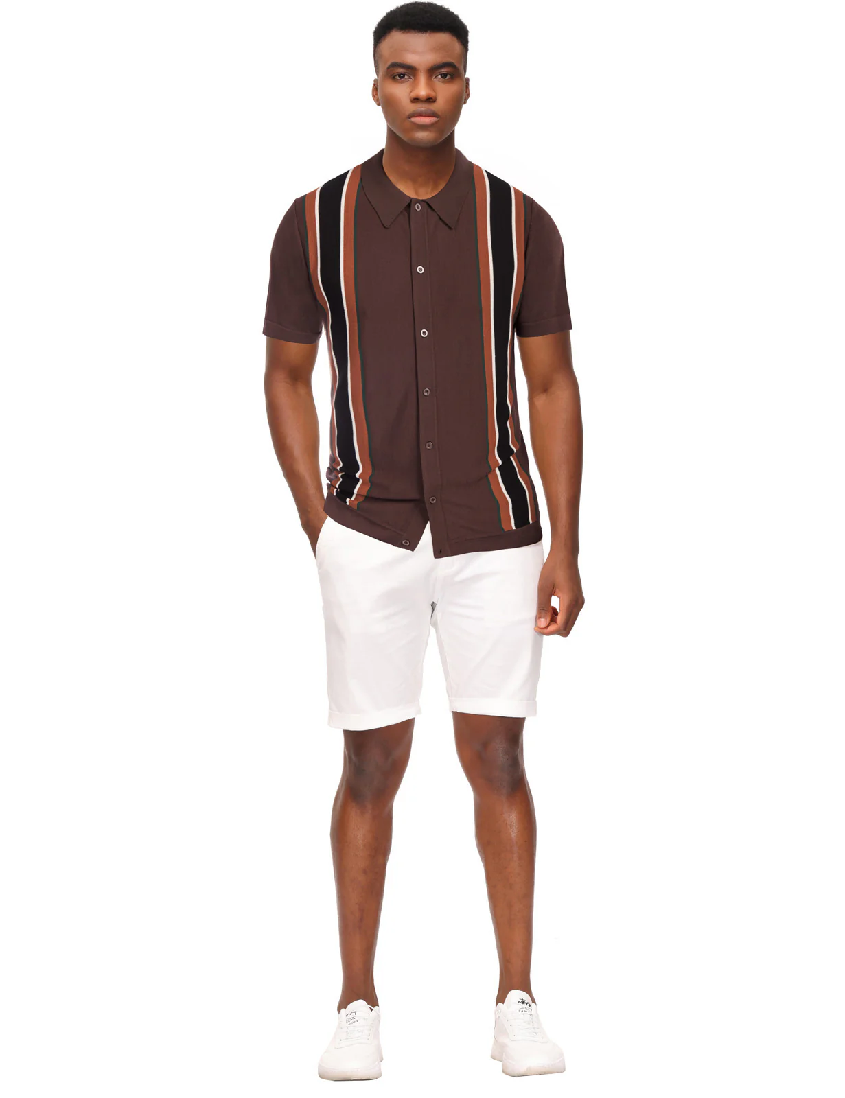 Mens Polo Shirts Vintage Striped Lightweight Knitting Golf Cardigans Shirts - Image 30