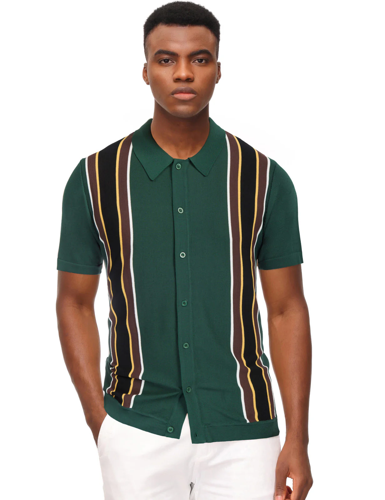 Mens Polo Shirts Vintage Striped Lightweight Knitting Golf Cardigans Shirts - Image 34