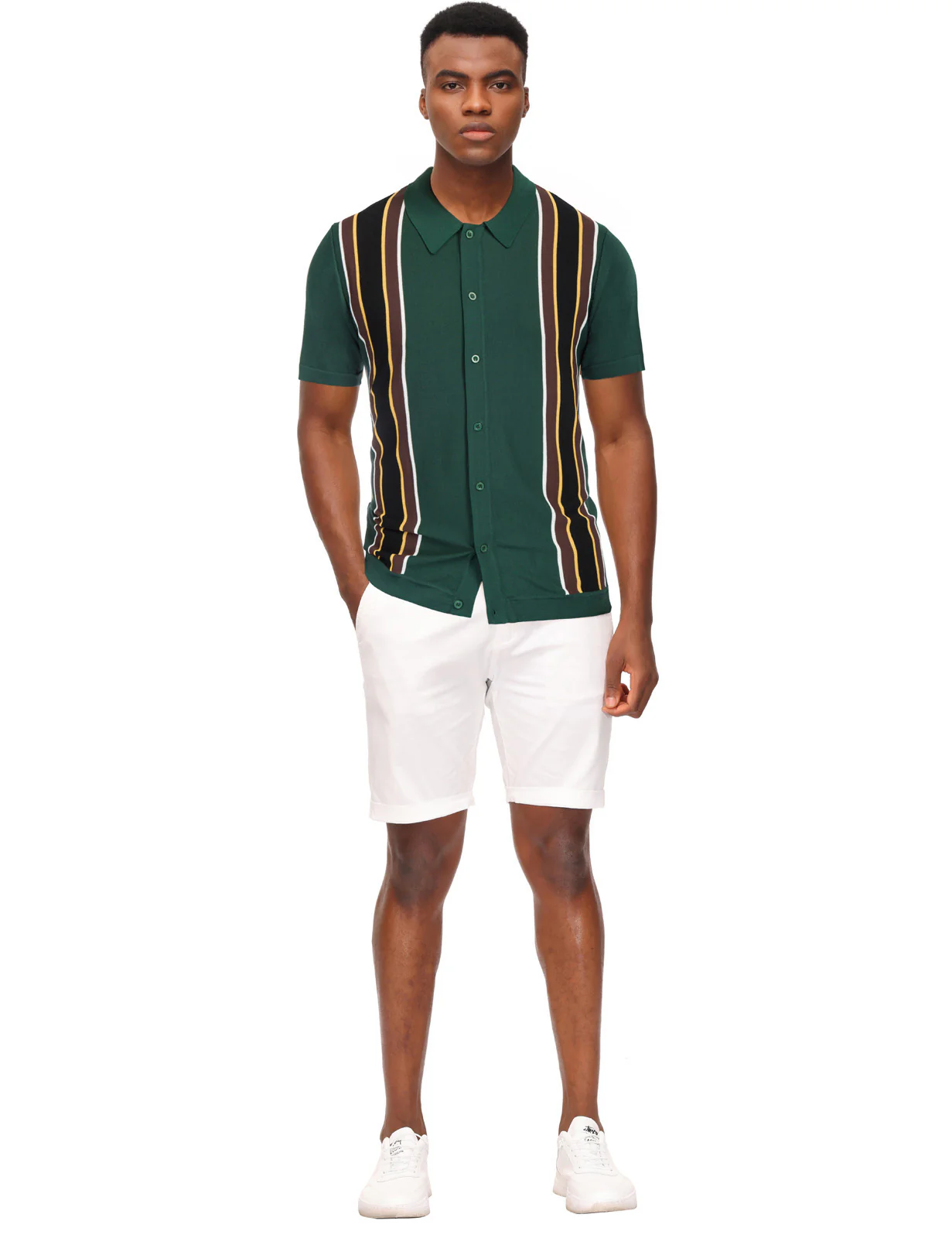 Mens Polo Shirts Vintage Striped Lightweight Knitting Golf Cardigans Shirts - Image 35