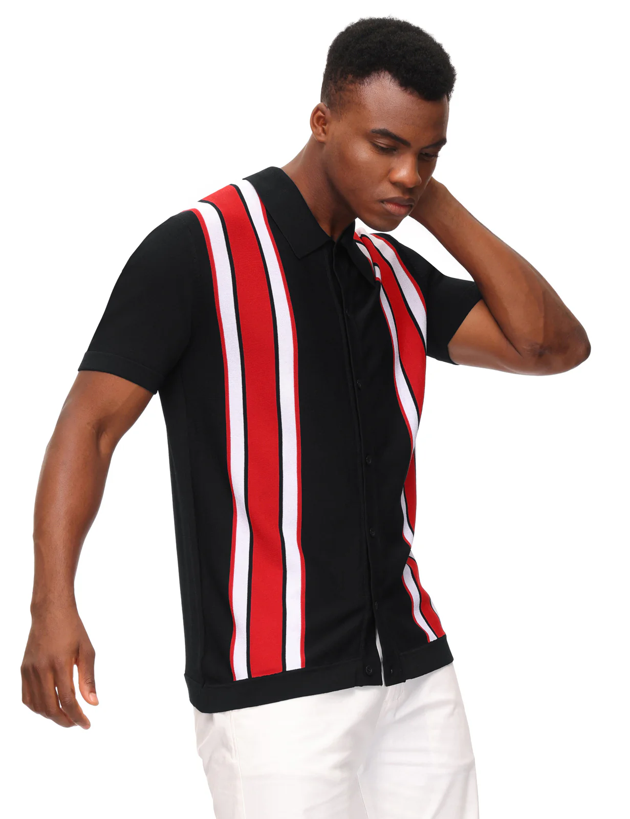 Mens Polo Shirts Vintage Striped Lightweight Knitting Golf Cardigans Shirts - Image 39