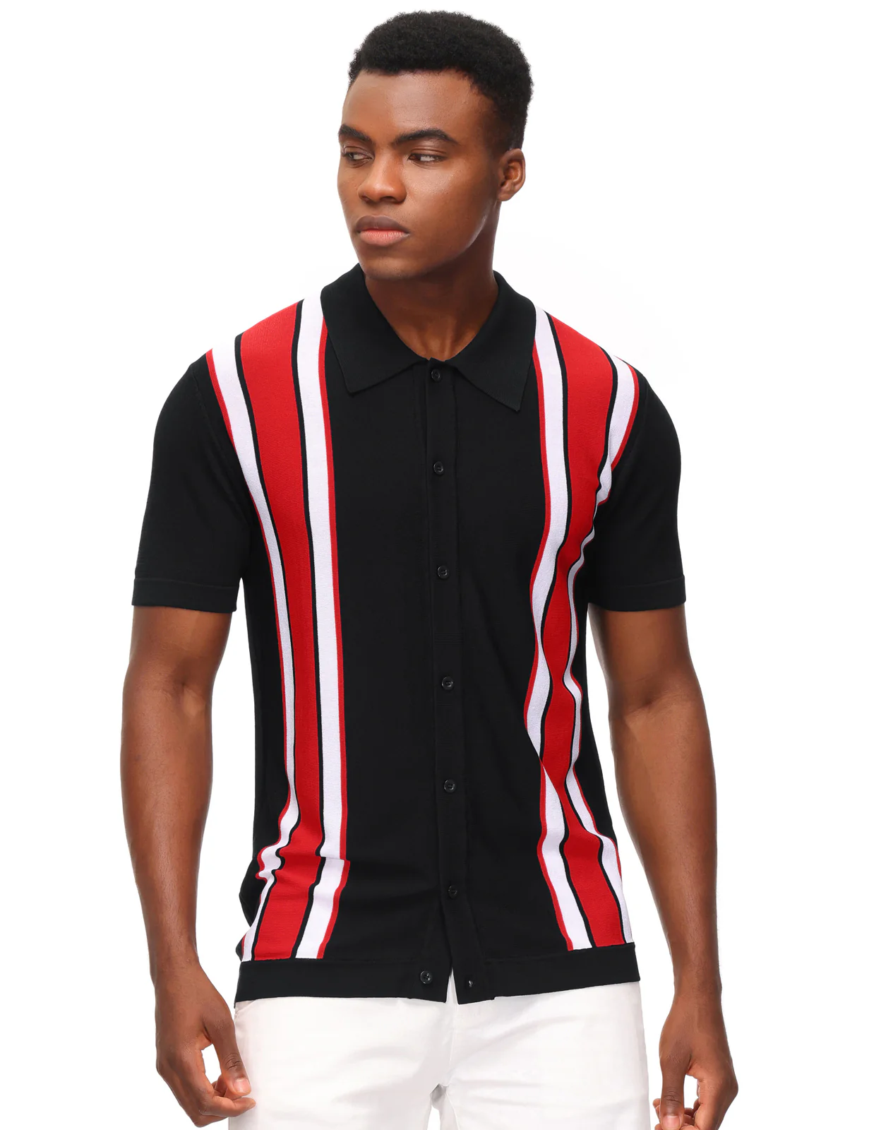 Mens Polo Shirts Vintage Striped Lightweight Knitting Golf Cardigans Shirts - Image 40