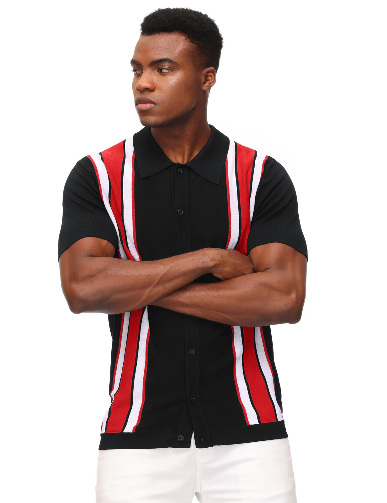 Mens Polo Shirts Vintage Striped Lightweight Knitting Golf Cardigans Shirts - Image 41