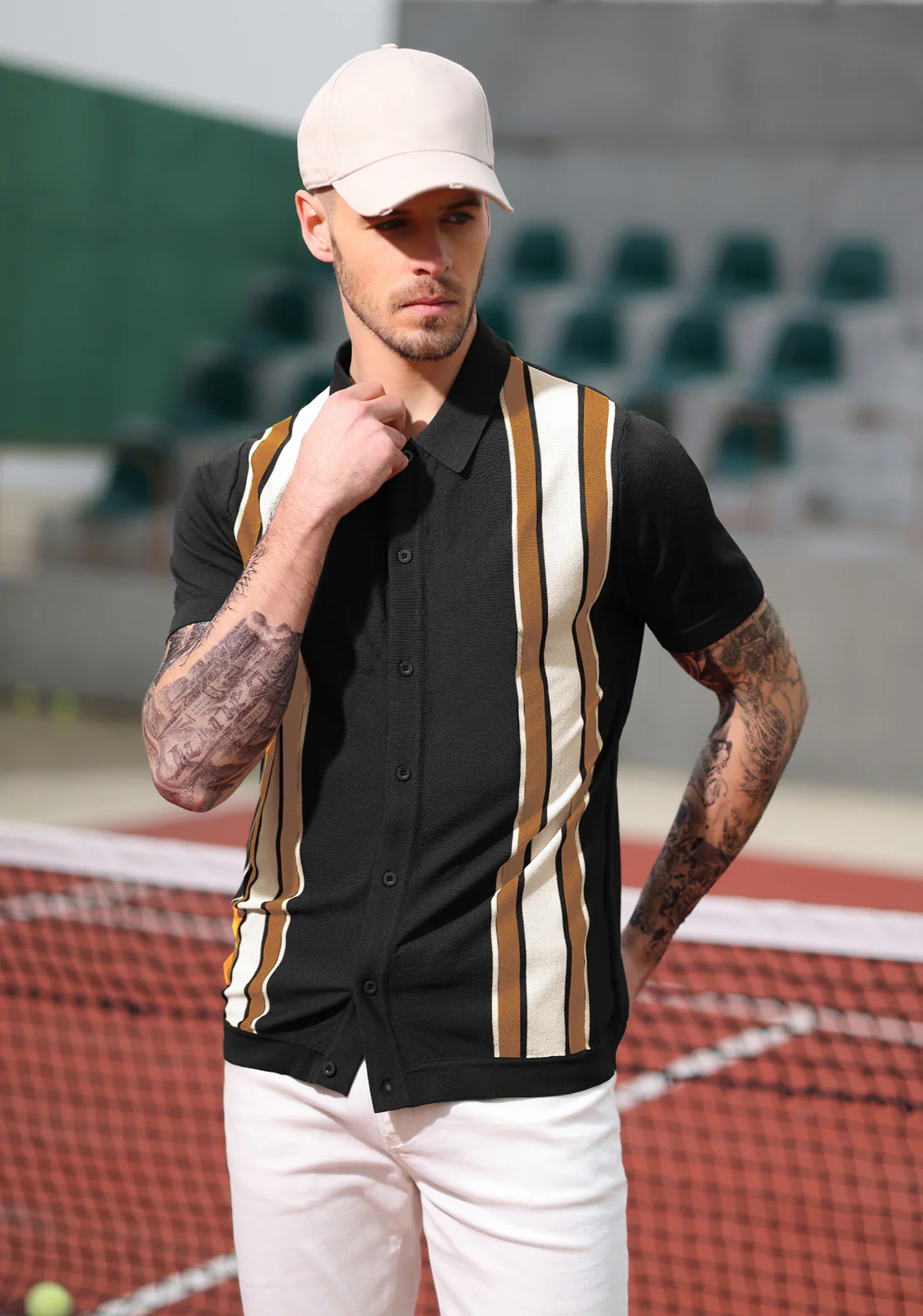 Mens Polo Shirts Vintage Striped Lightweight Knitting Golf Cardigans Shirts - Image 44